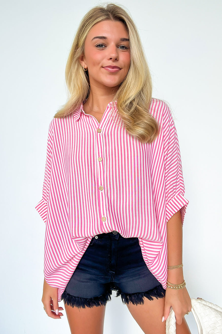 Hot Pink / SM JoJo Striped Button Down Relaxed Top - BACK IN STOCK - Madison and Mallory