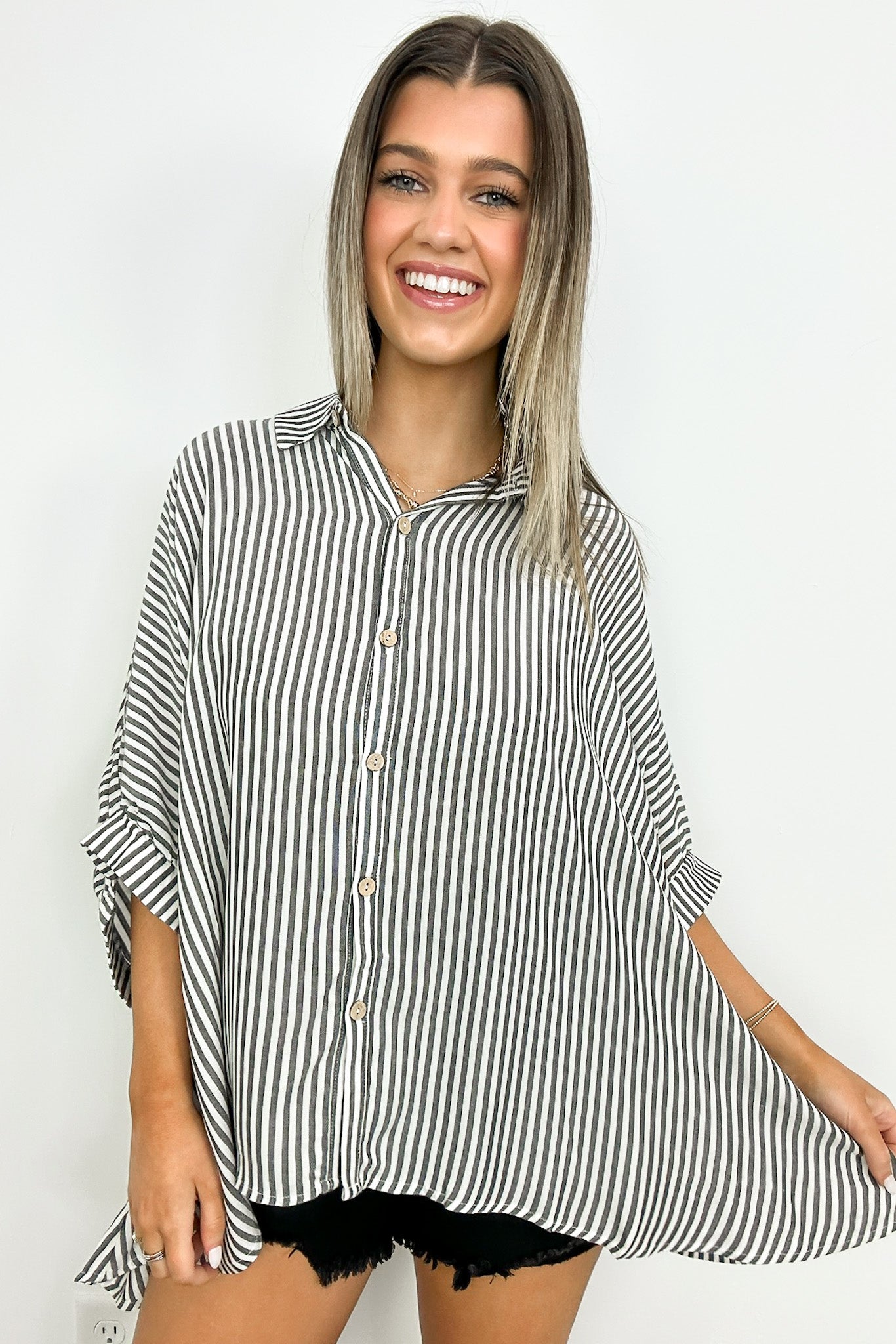Black / SM JoJo Striped Button Down Relaxed Top - BACK IN STOCK - Madison and Mallory