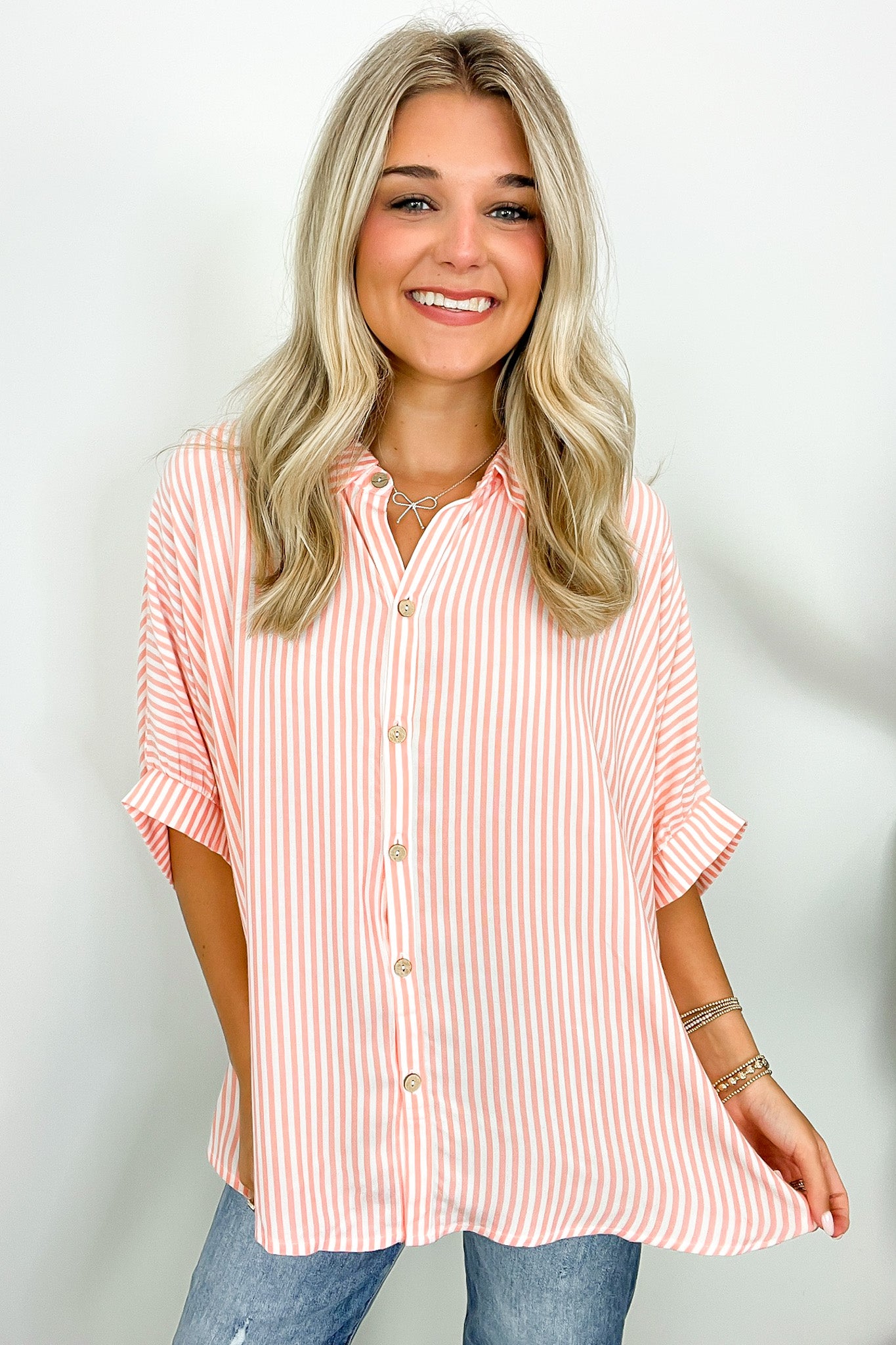 Coral / SM JoJo Striped Button Down Relaxed Top - BACK IN STOCK - Madison and Mallory