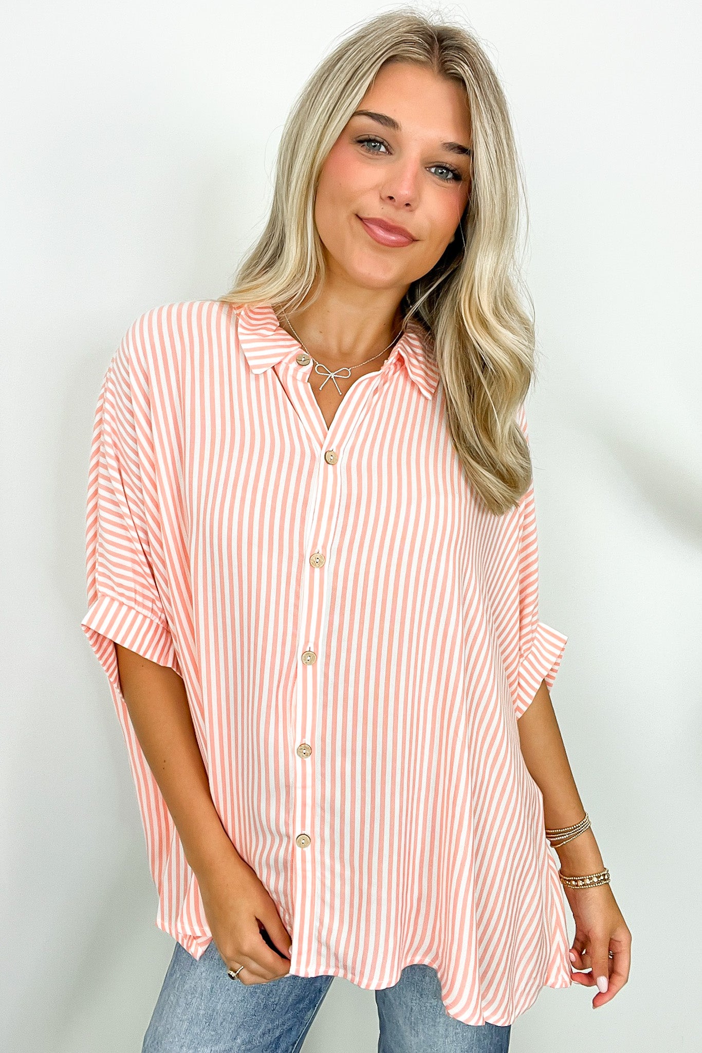 Coral / SM JoJo Striped Button Down Relaxed Top - BACK IN STOCK - Madison and Mallory