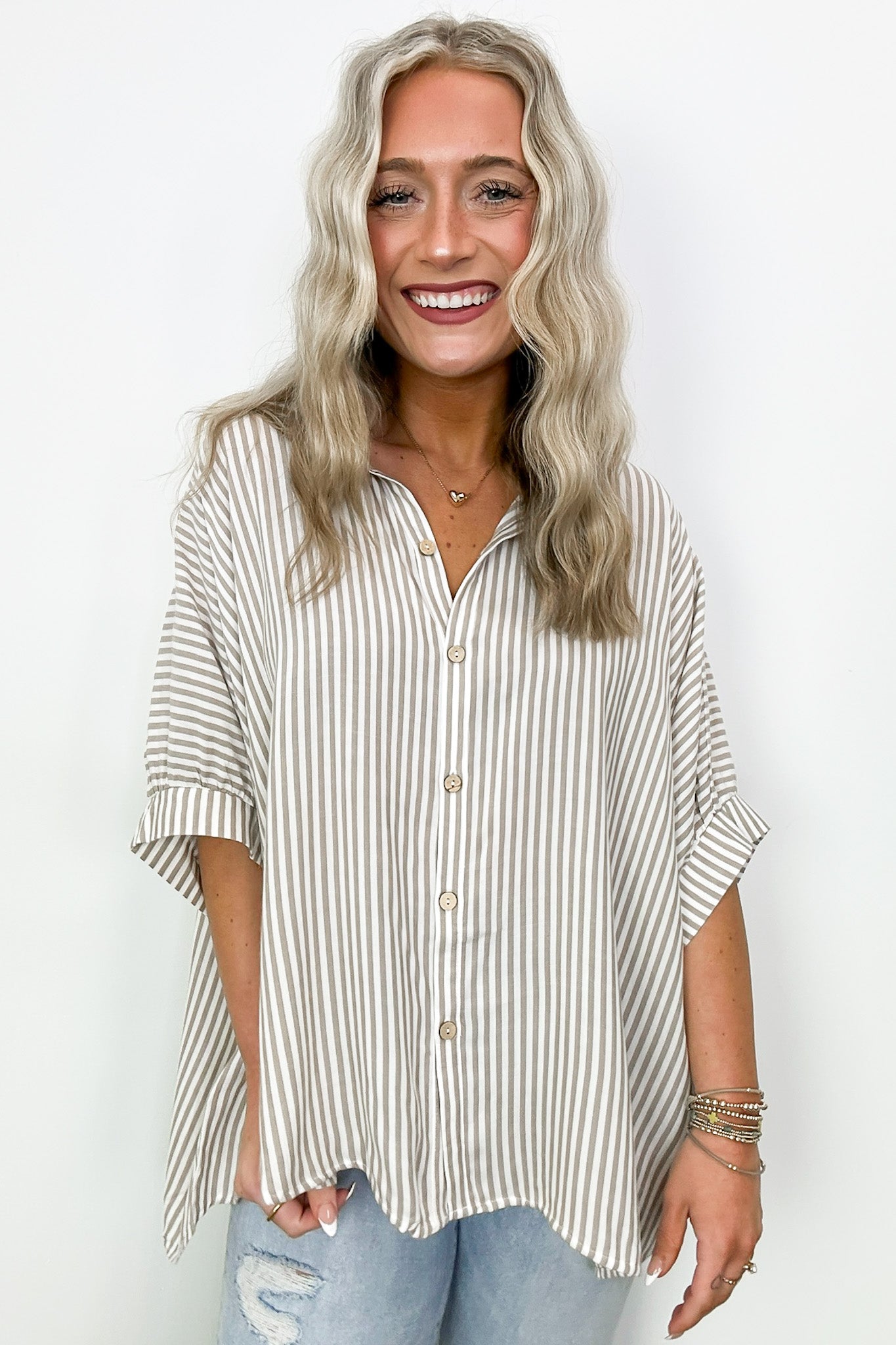 Taupe / SM JoJo Striped Button Down Relaxed Top - BACK IN STOCK - Madison and Mallory