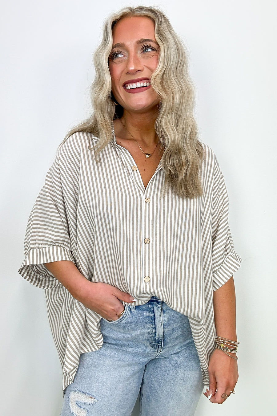 Taupe / SM JoJo Striped Button Down Relaxed Top - BACK IN STOCK - Madison and Mallory