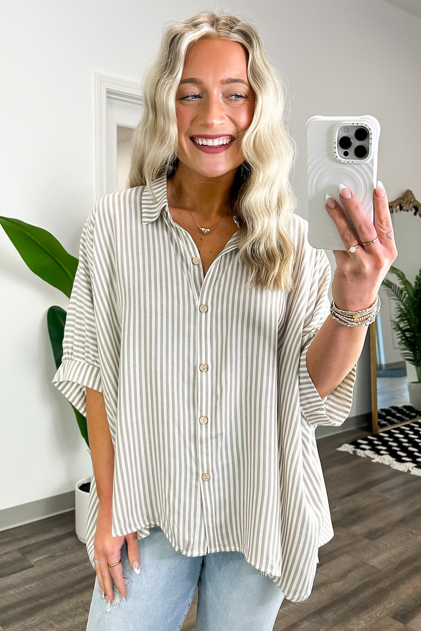Taupe / SM JoJo Striped Button Down Relaxed Top - BACK IN STOCK - Madison and Mallory
