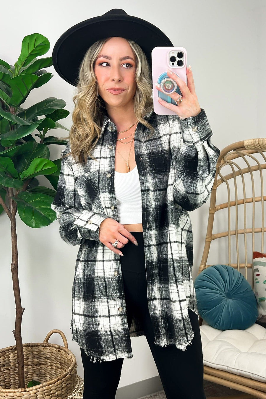 Ivory/Black / S Joielle Plaid Button Down Shacket - BACK IN STOCK - Madison and Mallory