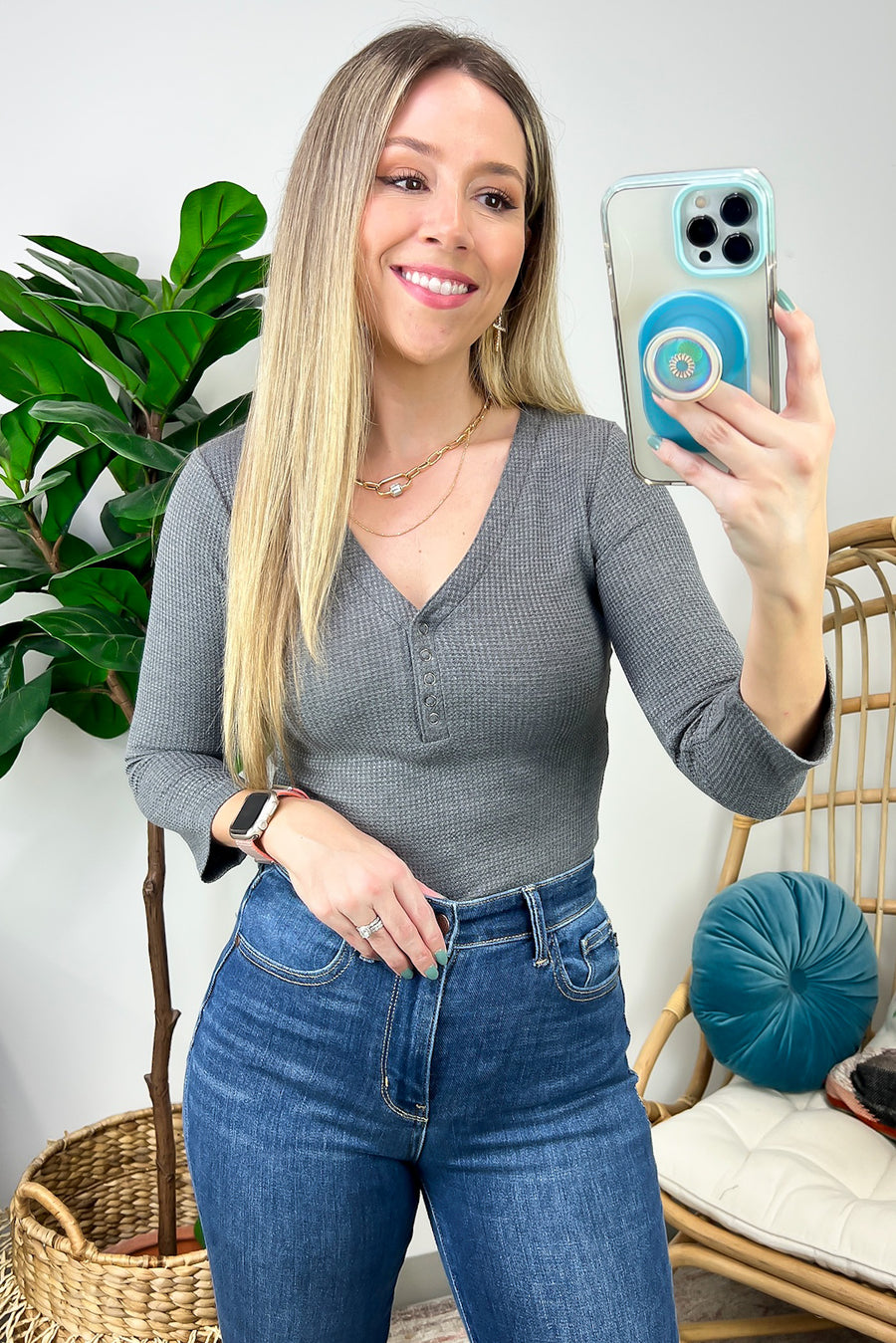 Charcoal / S Kaito Waffle Knit Henley Bodysuit - FINAL SALE - Madison and Mallory