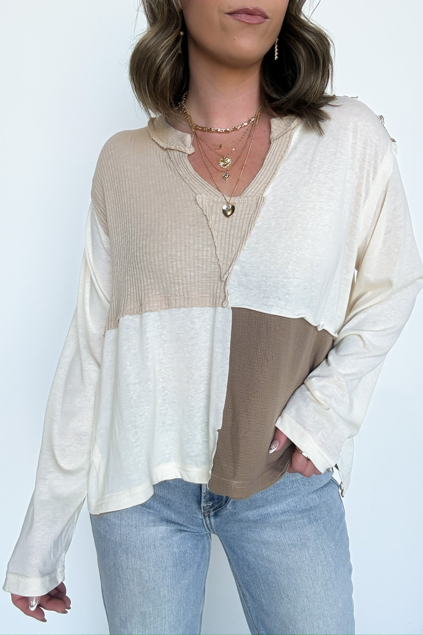 Karmen Notched Neck Color Block Contrast Top - FINAL SALE - Madison and Mallory