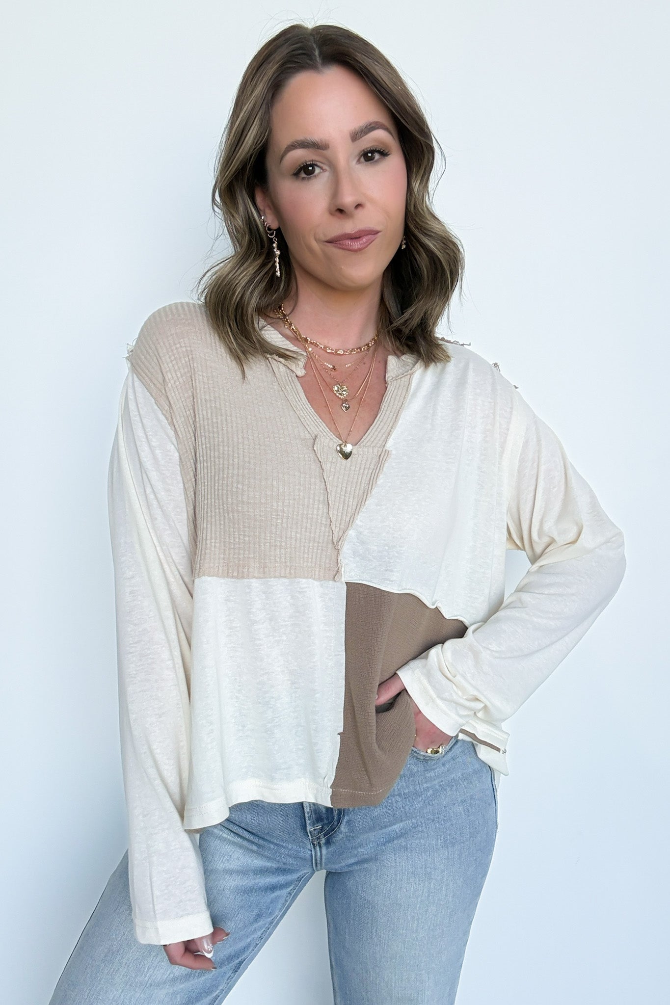 Karmen Notched Neck Color Block Contrast Top - FINAL SALE - Madison and Mallory