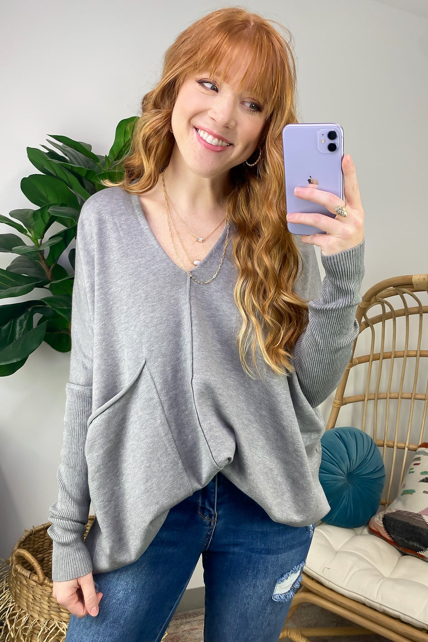Gray / SM Karri Oversized V-Neck Sweater - FINAL SALE - Madison and Mallory