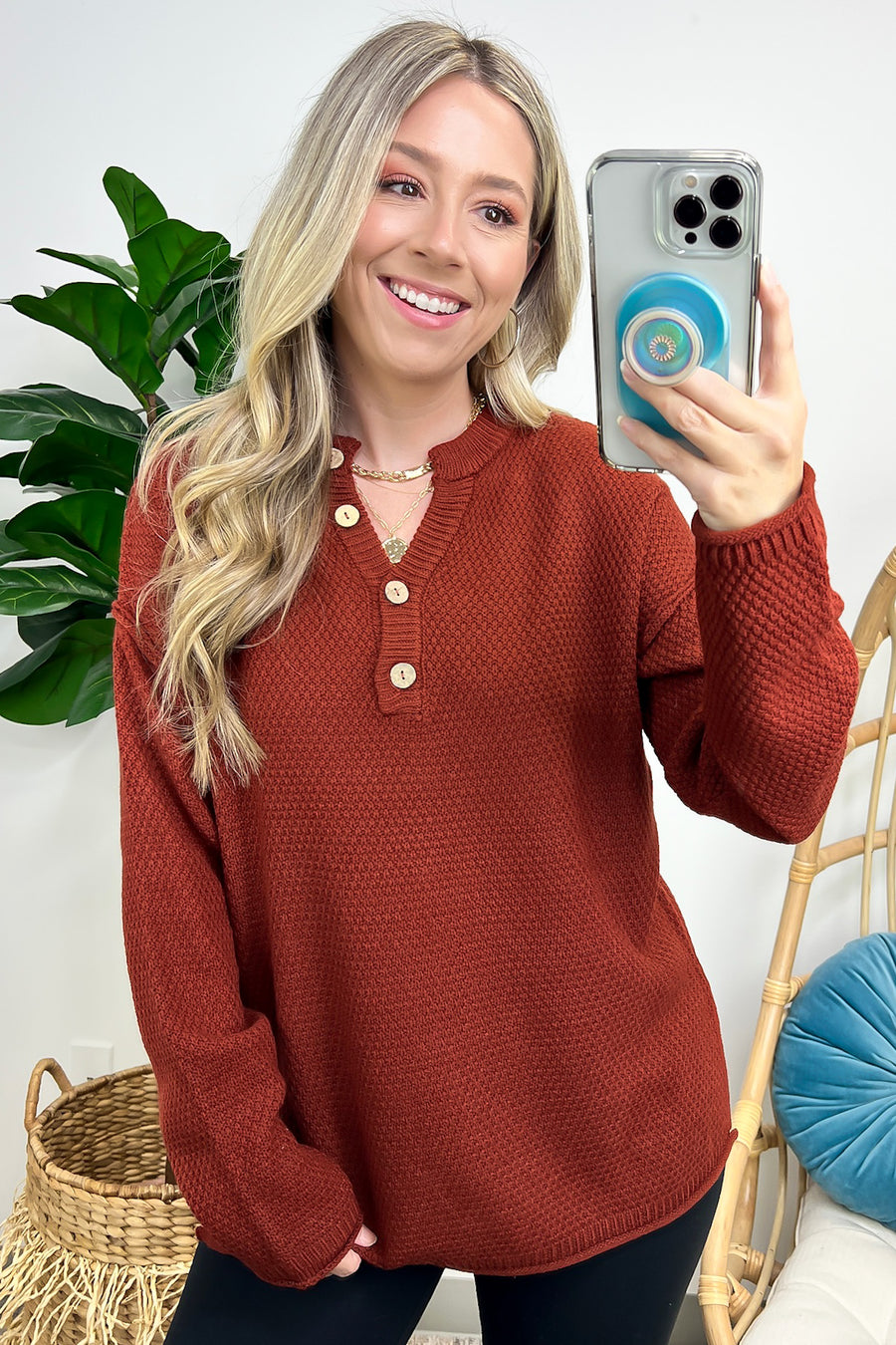 Dark Rust / SM Kyrie Button Henley Knit Sweater - FINAL SALE - Madison and Mallory