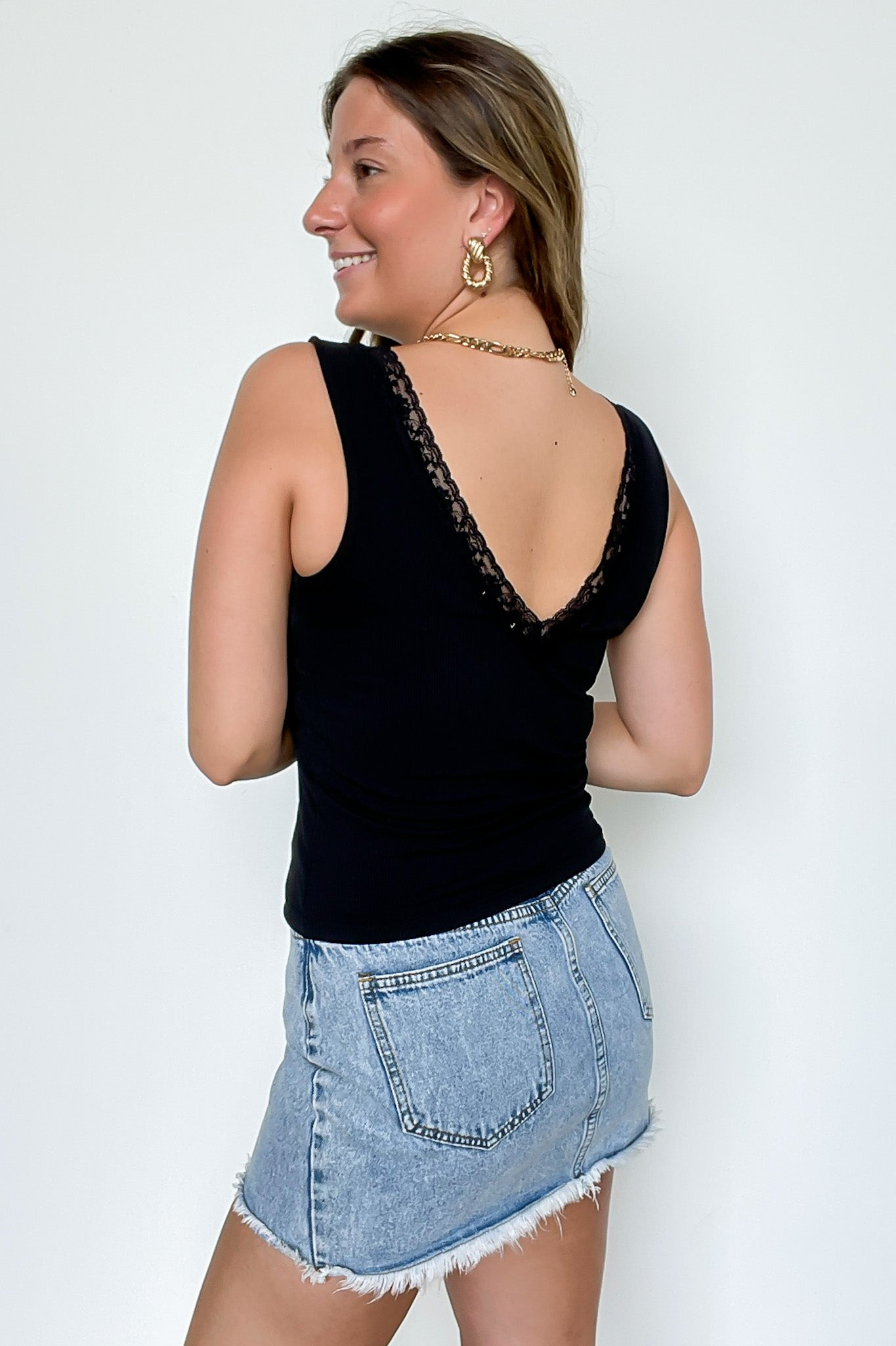 Laced In V-Neck Lace Trim Tank Top - Madison and Mallory