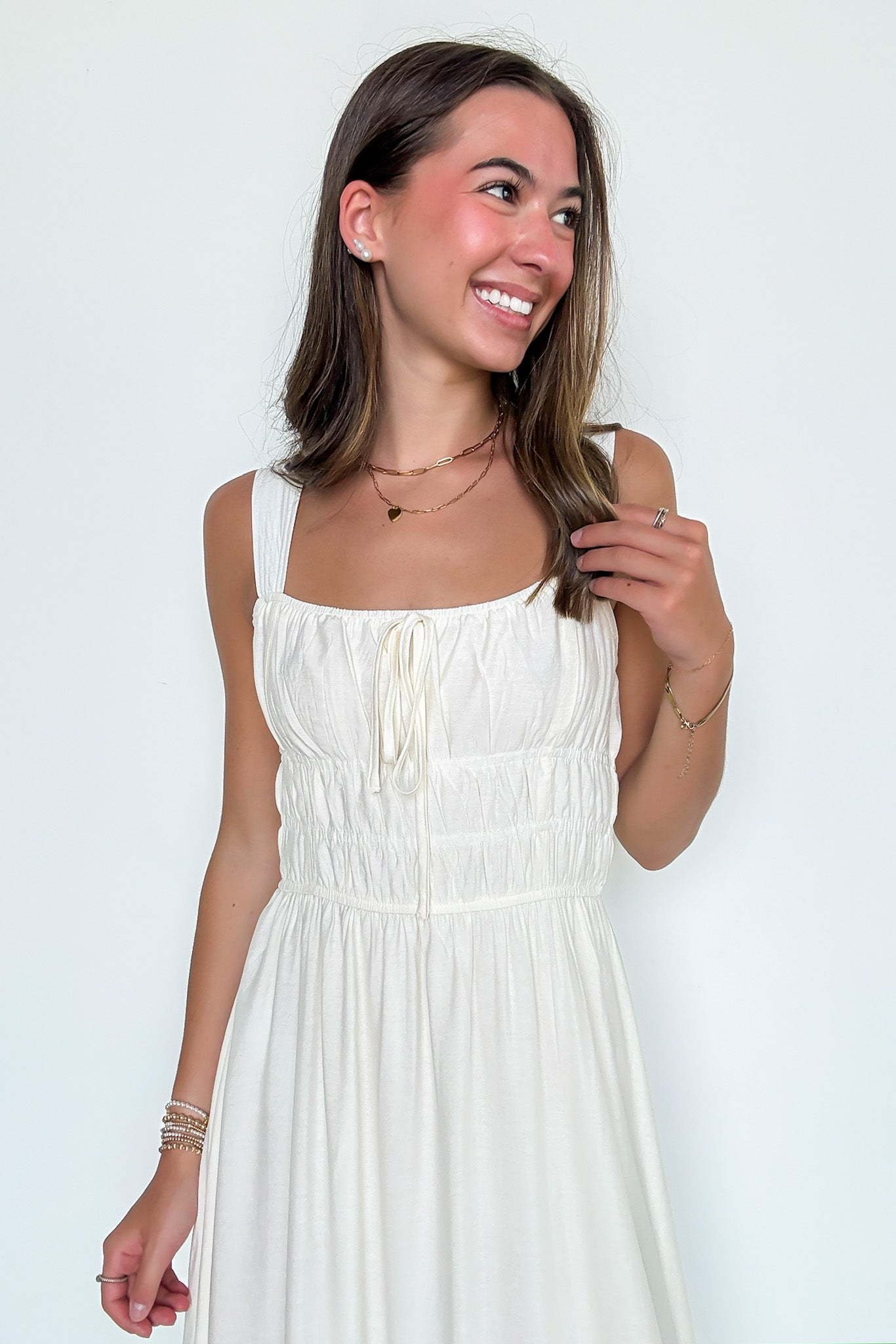 Laurelline Front Tie Sleeveless Shirred Waist Midi Dress - Madison and Mallory