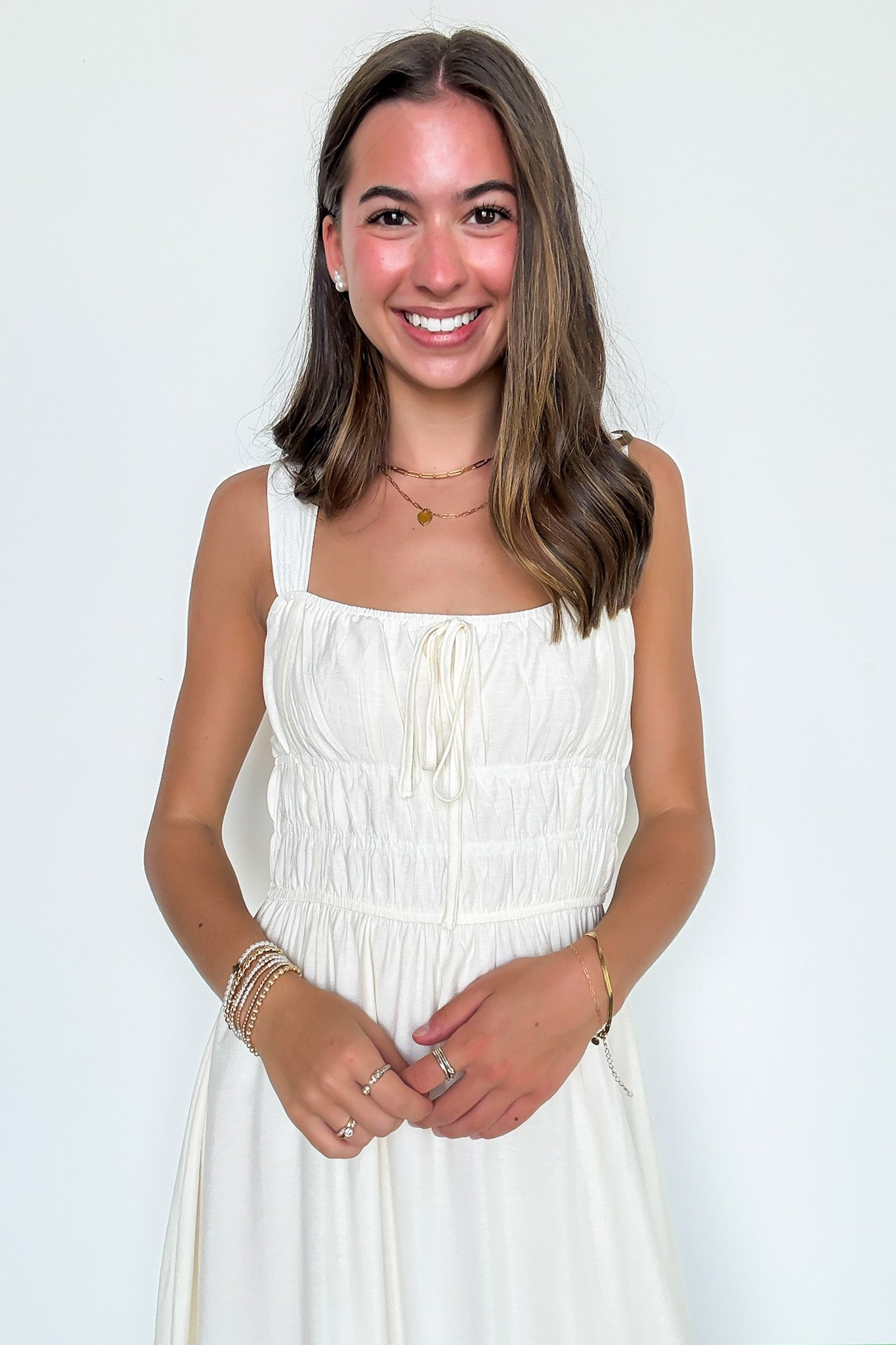 Laurelline Front Tie Sleeveless Shirred Waist Midi Dress - Madison and Mallory