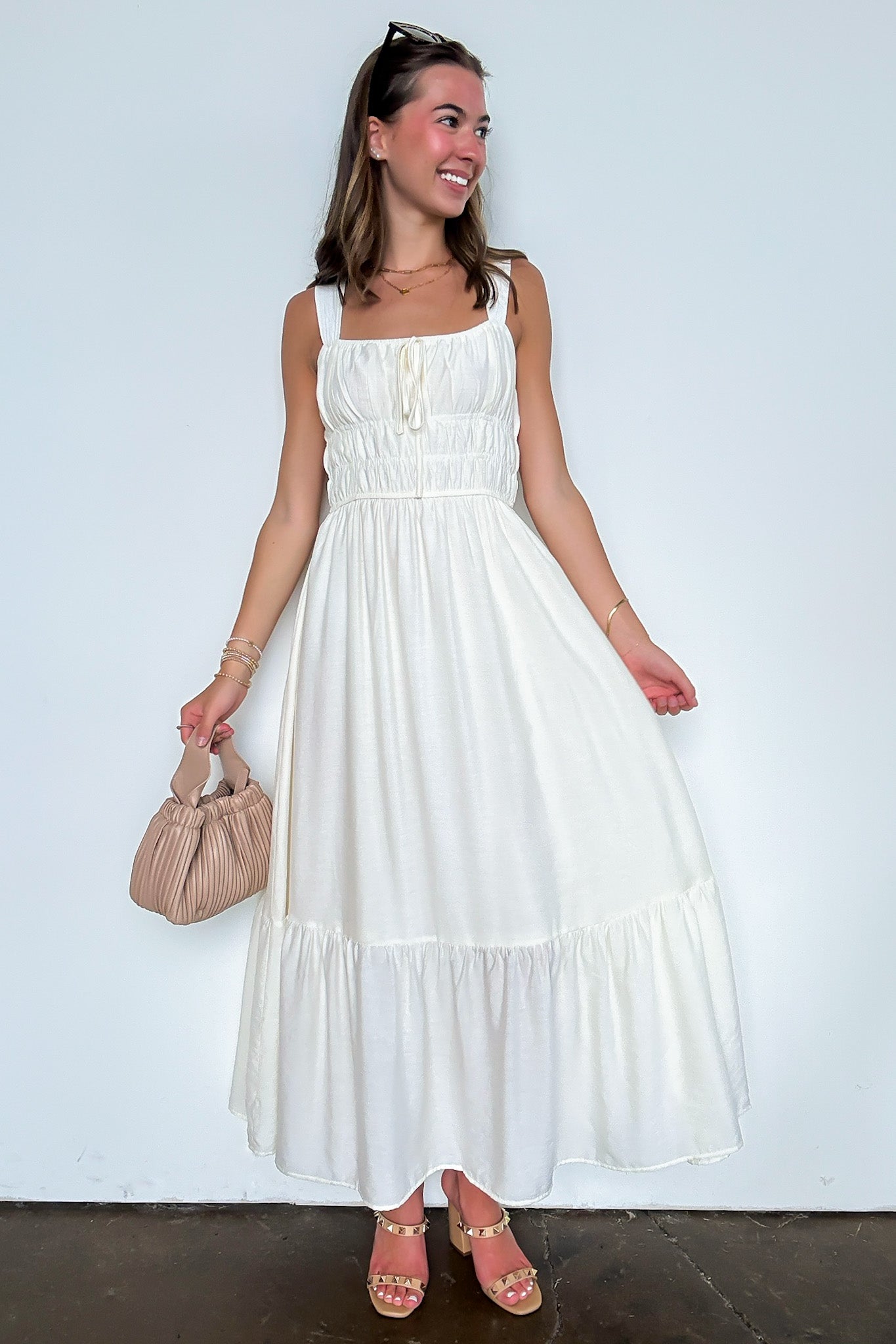 Laurelline Front Tie Sleeveless Shirred Waist Midi Dress - Madison and Mallory