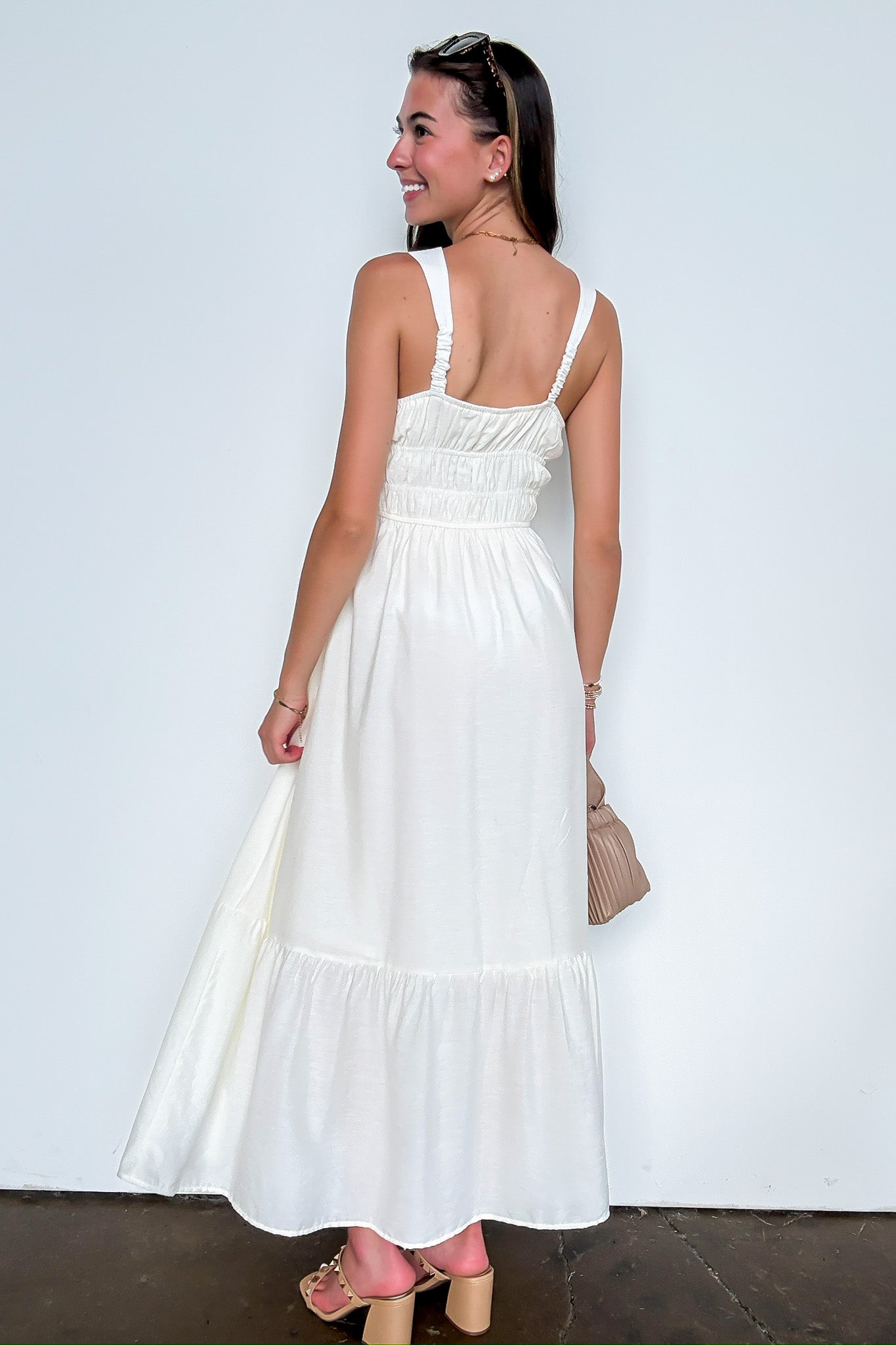 Laurelline Front Tie Sleeveless Shirred Waist Midi Dress - Madison and Mallory