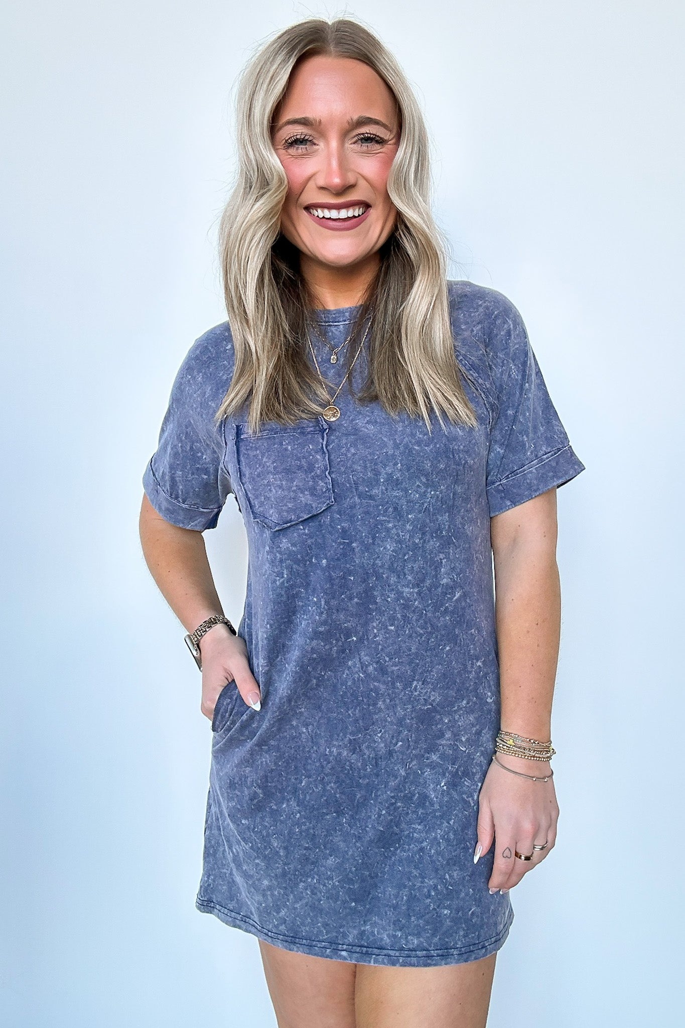 Denim / S Leonia Short Sleeve Pocket T-Shirt Dress - BACK IN STOCK - Madison and Mallory