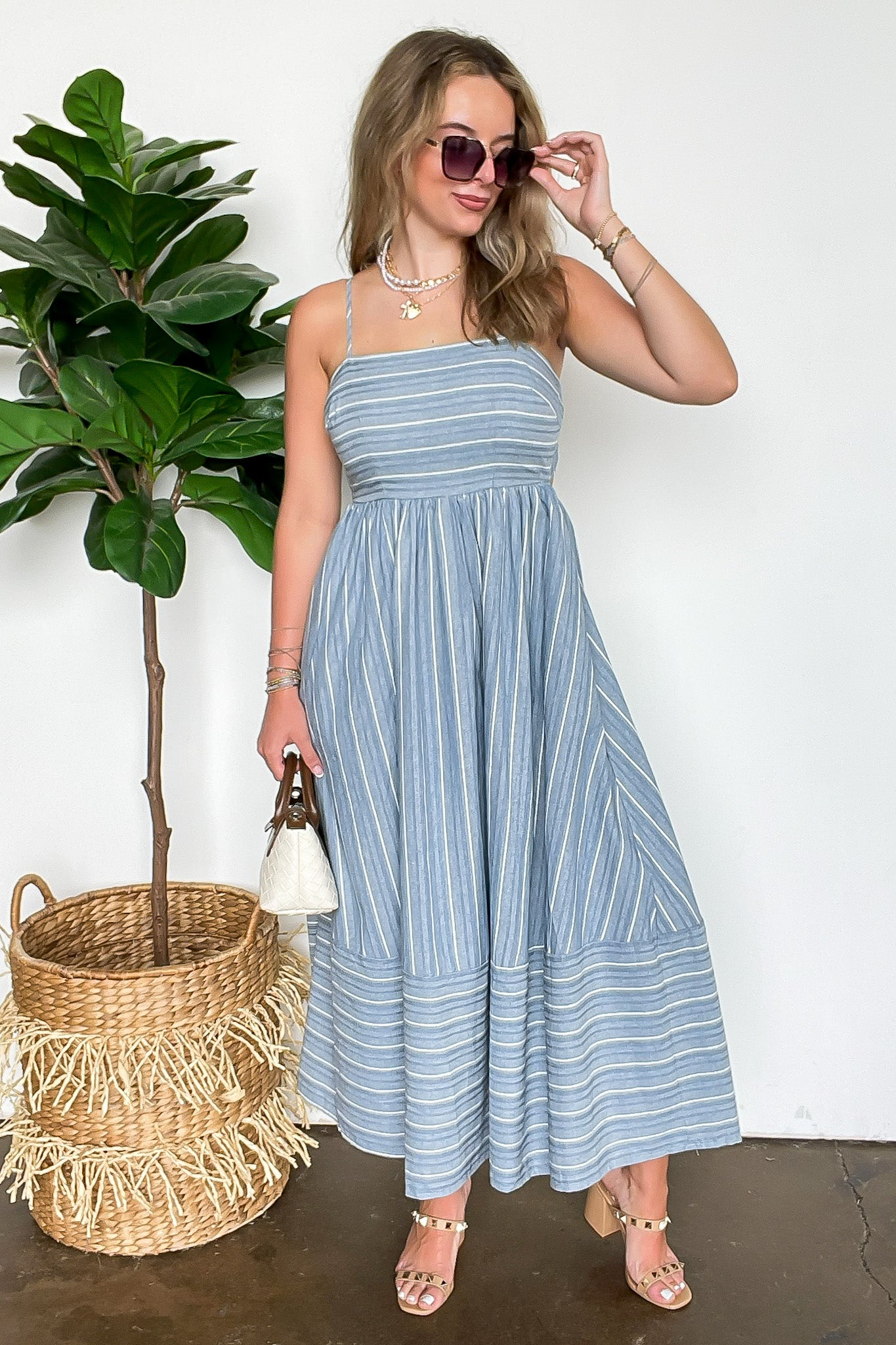 Blue / S Linear Ease Striped Smocked Back Dress - Madison and Mallory
