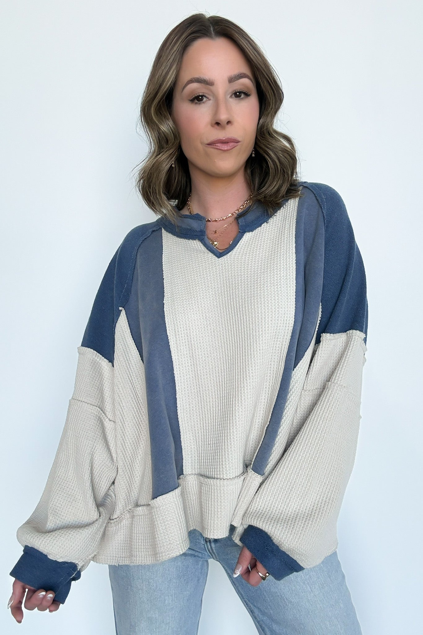 Lisette Notched Neck Contrast Knit Top - BACK IN STOCK - Madison and Mallory