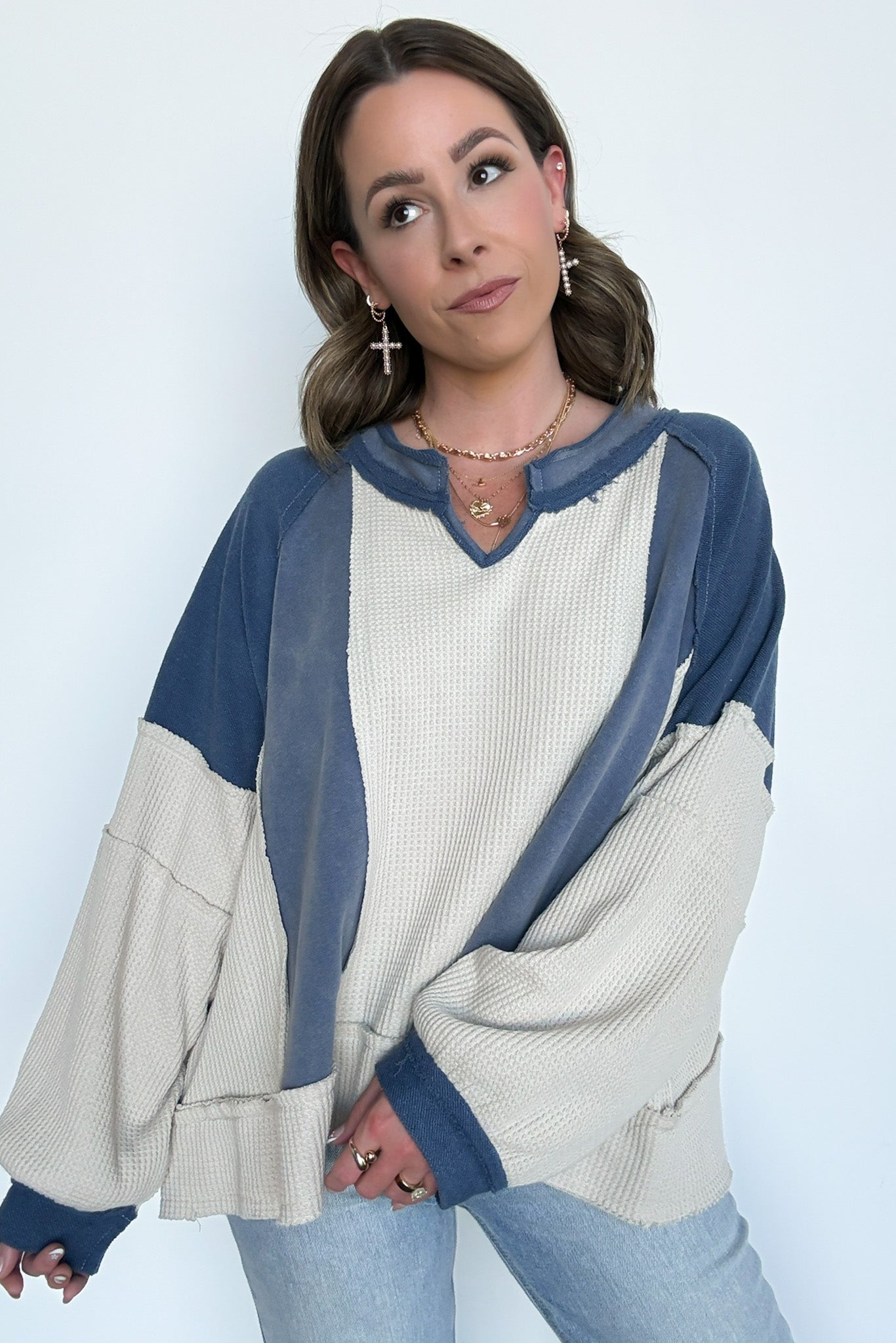 Lisette Notched Neck Contrast Knit Top - BACK IN STOCK - Madison and Mallory