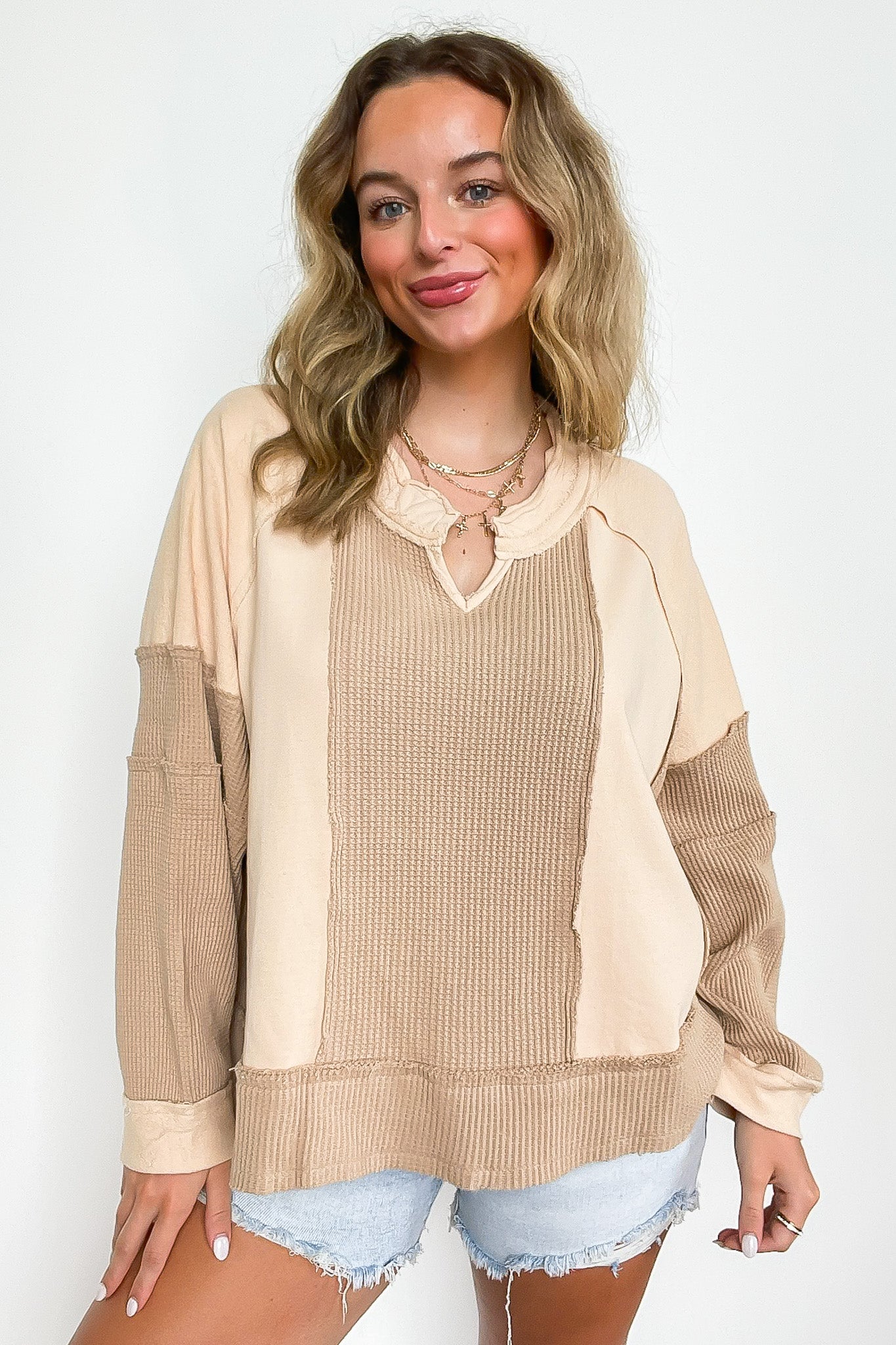 Beige / S Lisette Notched Neck Contrast Knit Top - BACK IN STOCK - Madison and Mallory
