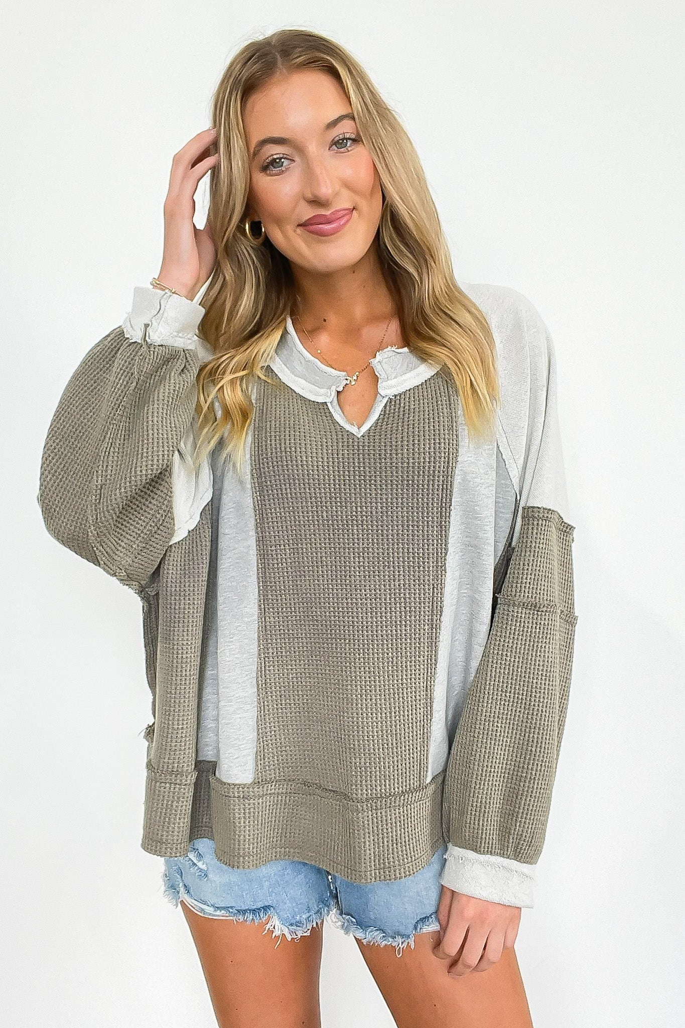 Lisette Notched Neck Contrast Knit Top - BACK IN STOCK - Madison and Mallory