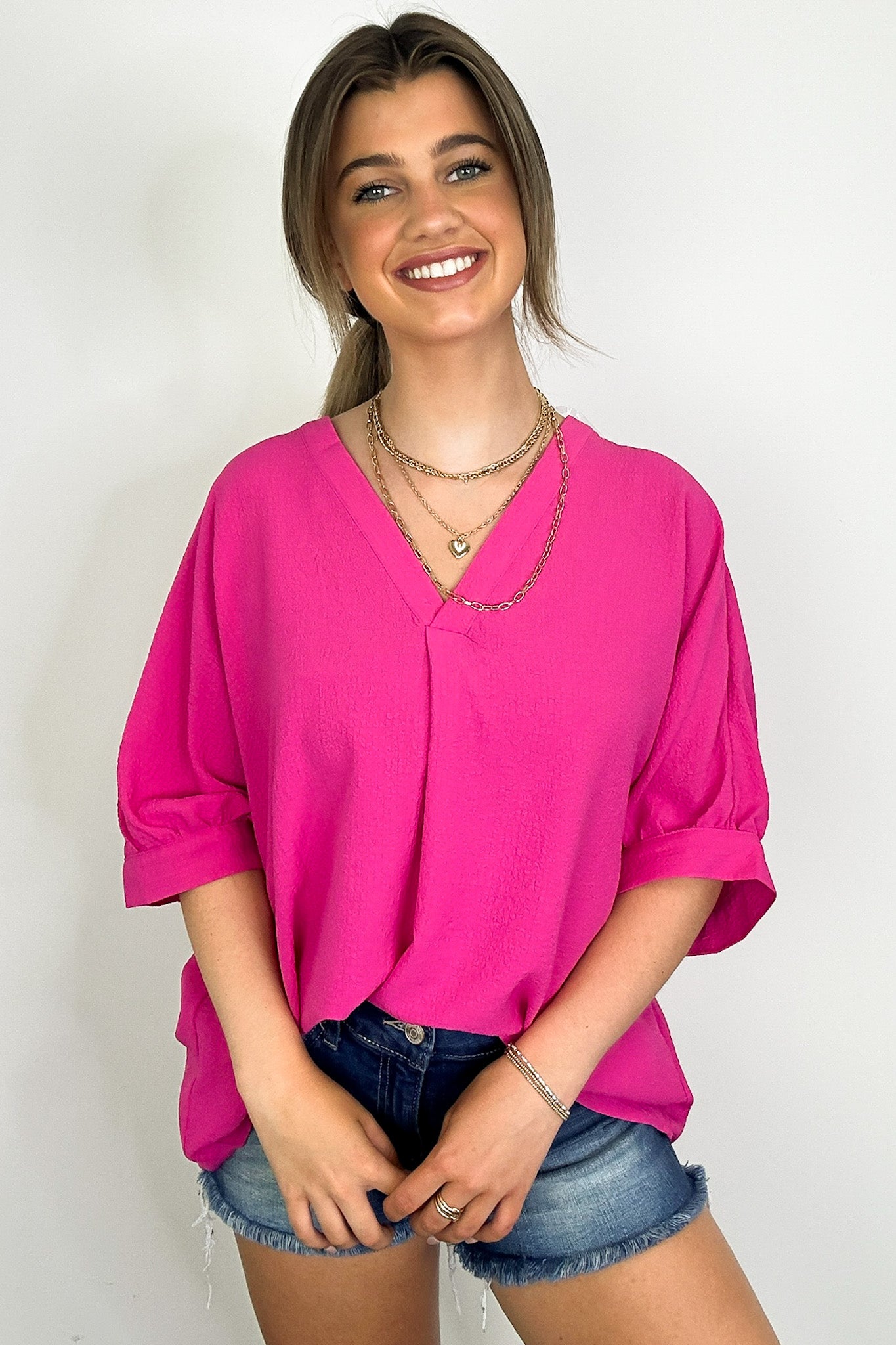 Hot Pink / S Lucie V-Neck Flowy Blouse Top - FINAL SALE - Madison and Mallory