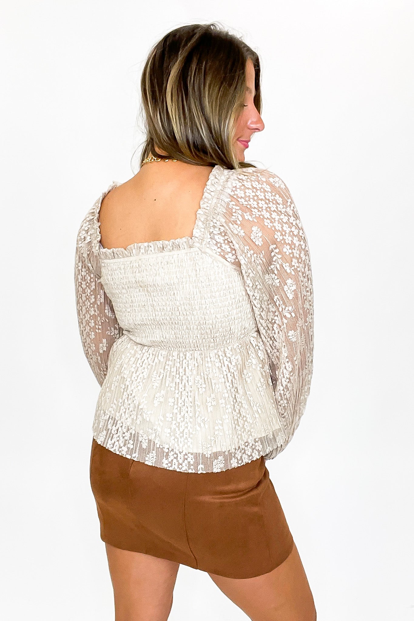 Luxe Whisper Pleated Lace Peplum Blouse