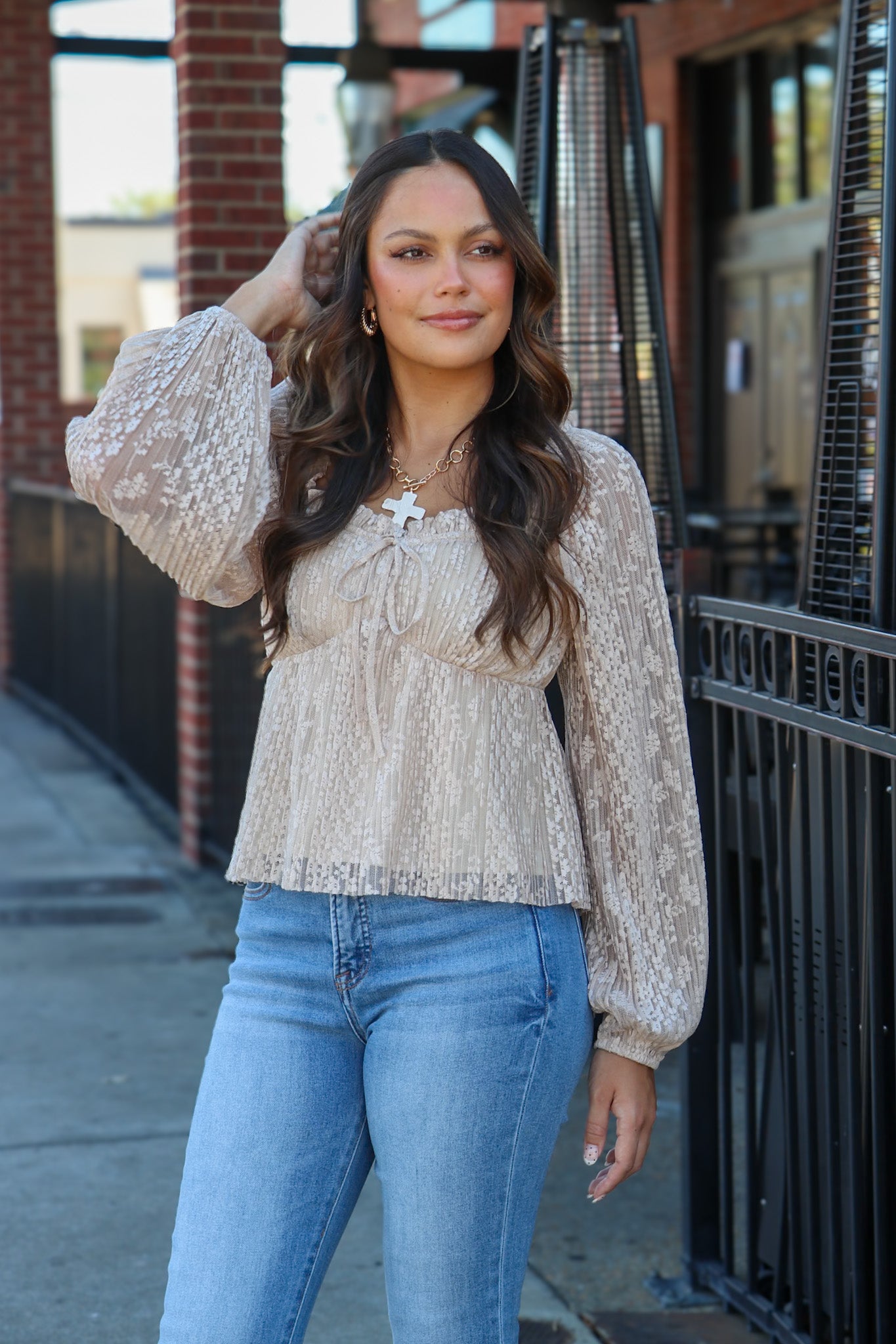 Luxe Whisper Pleated Lace Peplum Blouse