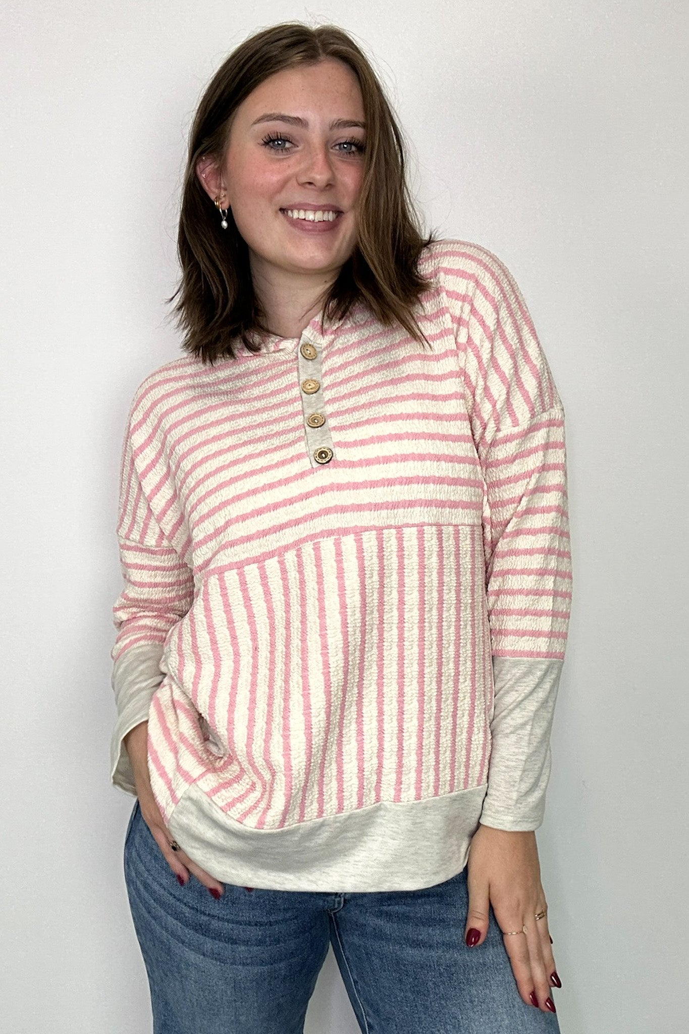 Cream/Pink / S Margo Striped Hooded Pullover - FINAL SALE - Madison and Mallory