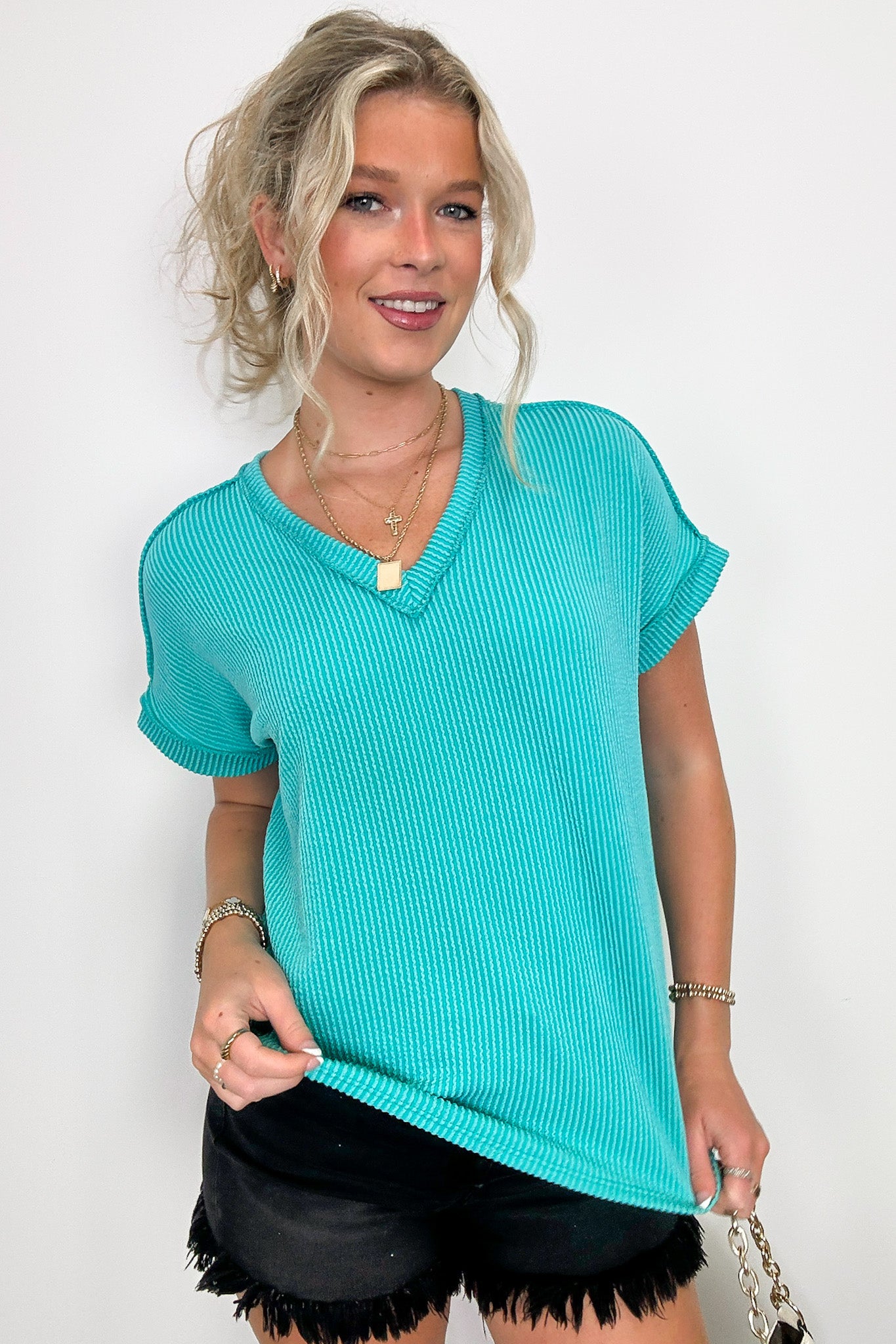 Turquoise / S Mariela Rib Knit V-Neck Top - Madison and Mallory