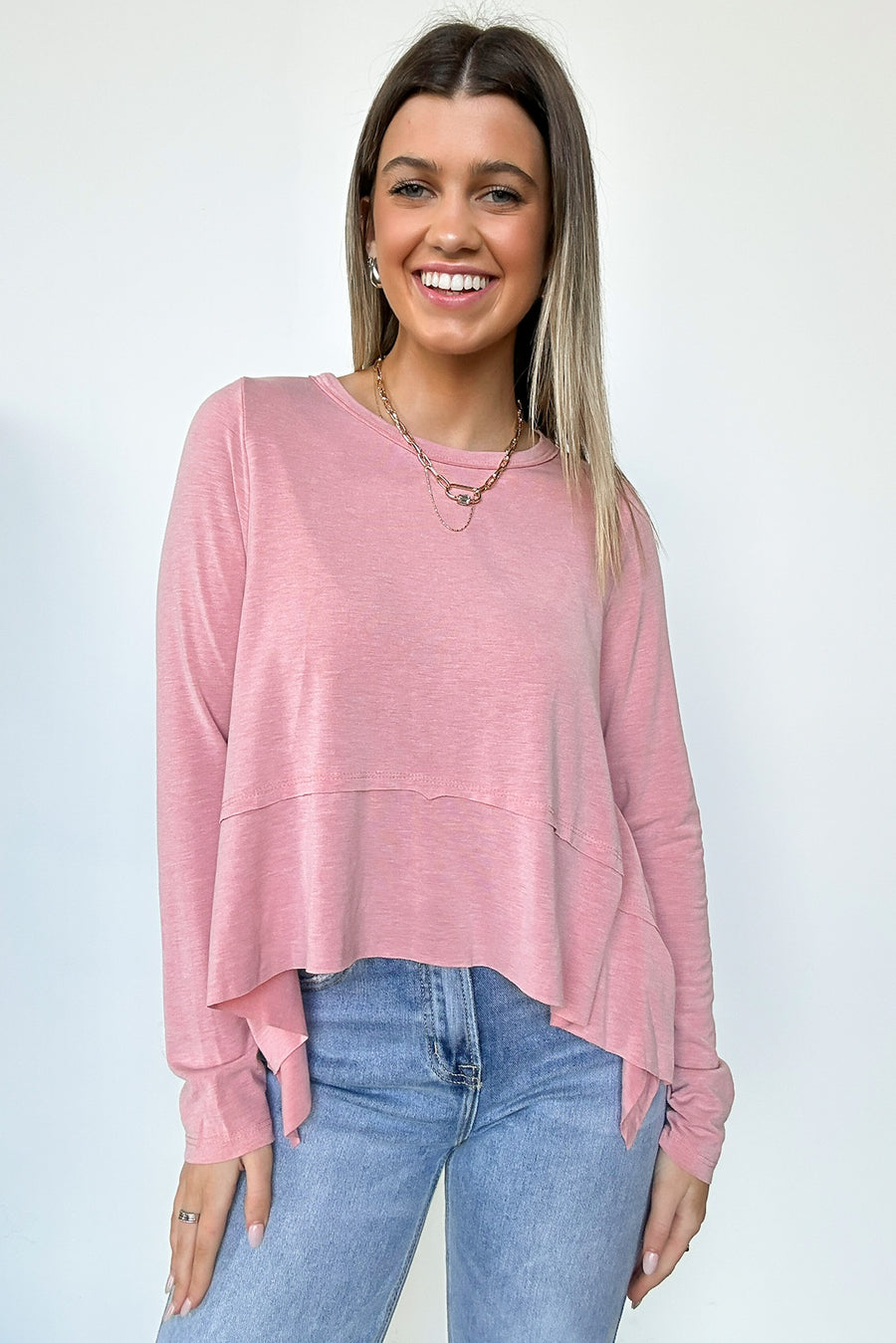 Coral / S Marielena Long Sleeve High Low Relaxed Top - Madison and Mallory