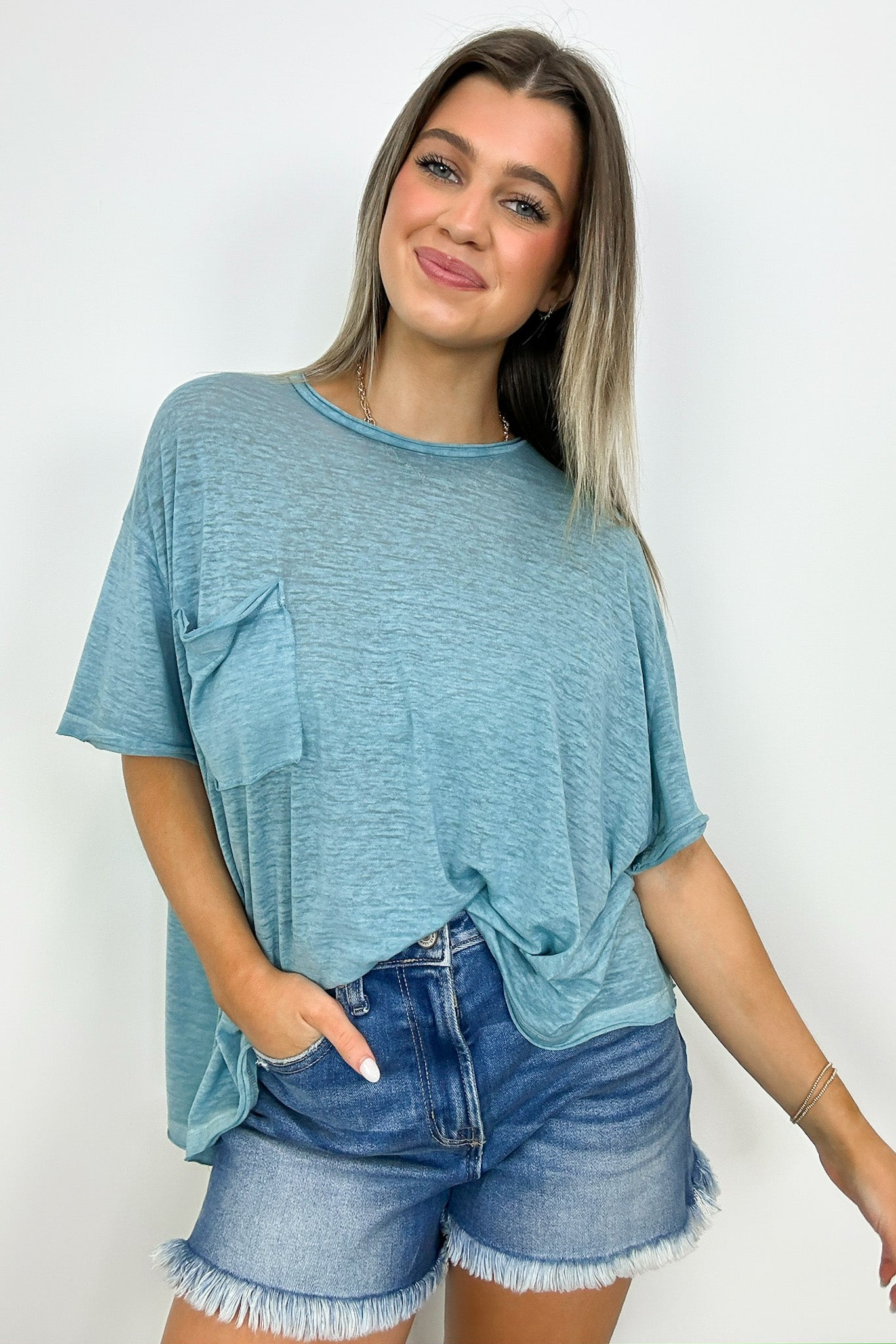 Blue Gray / SM Marisol Burnout Wash Oversized Pocket Top - BACK IN STOCK - Madison and Mallory