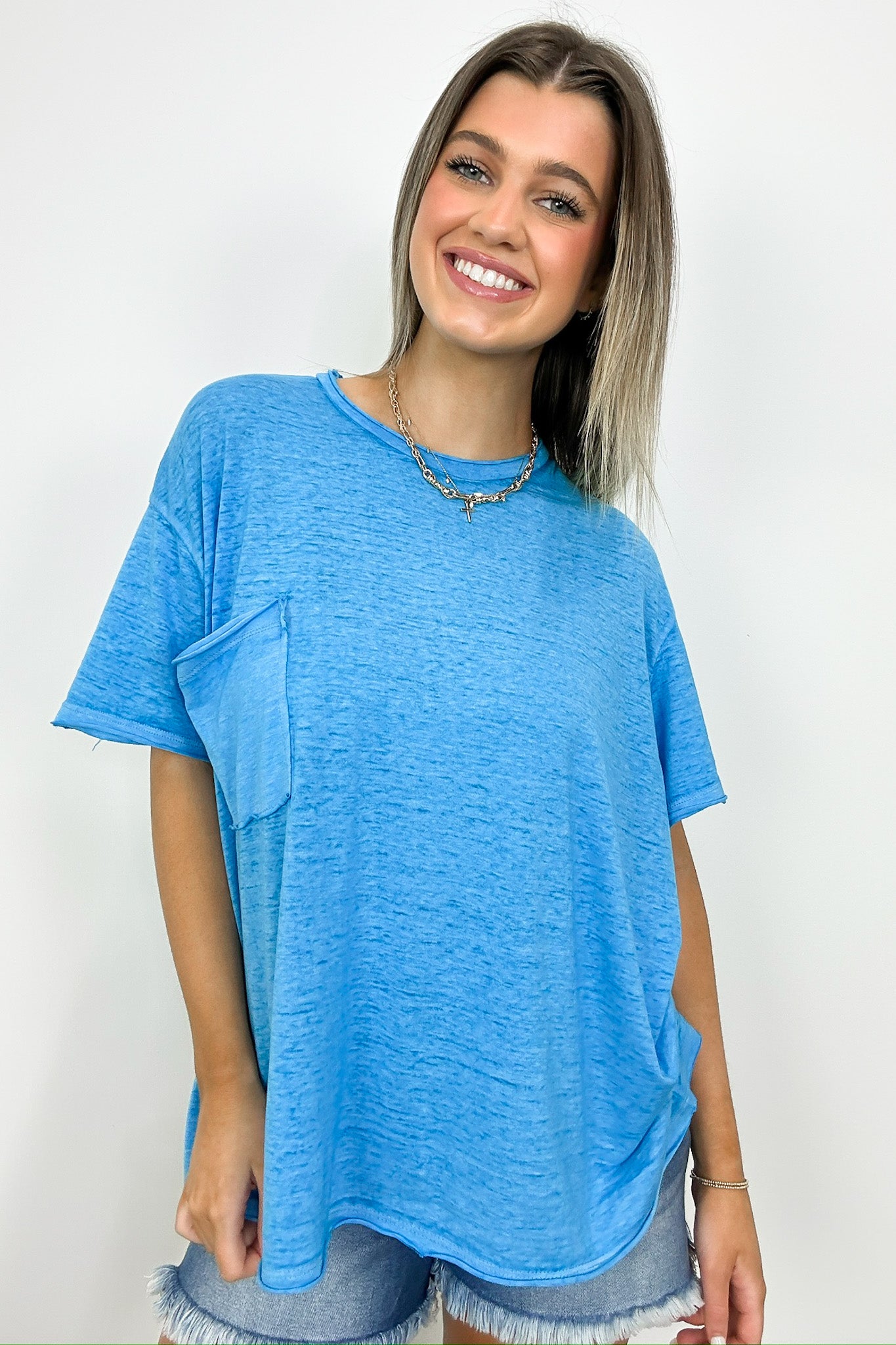 Deep Sky / SM Marisol Burnout Wash Oversized Pocket Top - BACK IN STOCK - Madison and Mallory