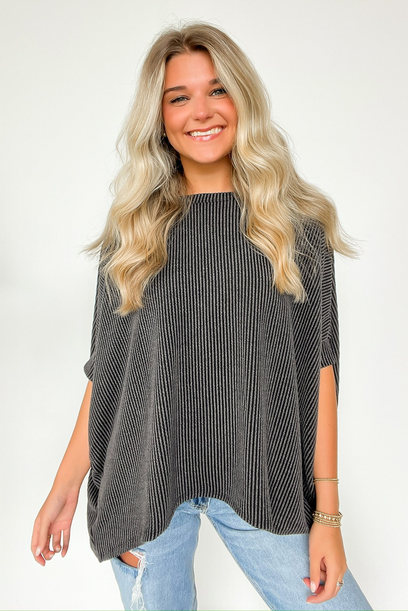Charcoal / S Meyers Rib Knit Relaxed Tunic Top - BACK IN STOCK - Madison and Mallory