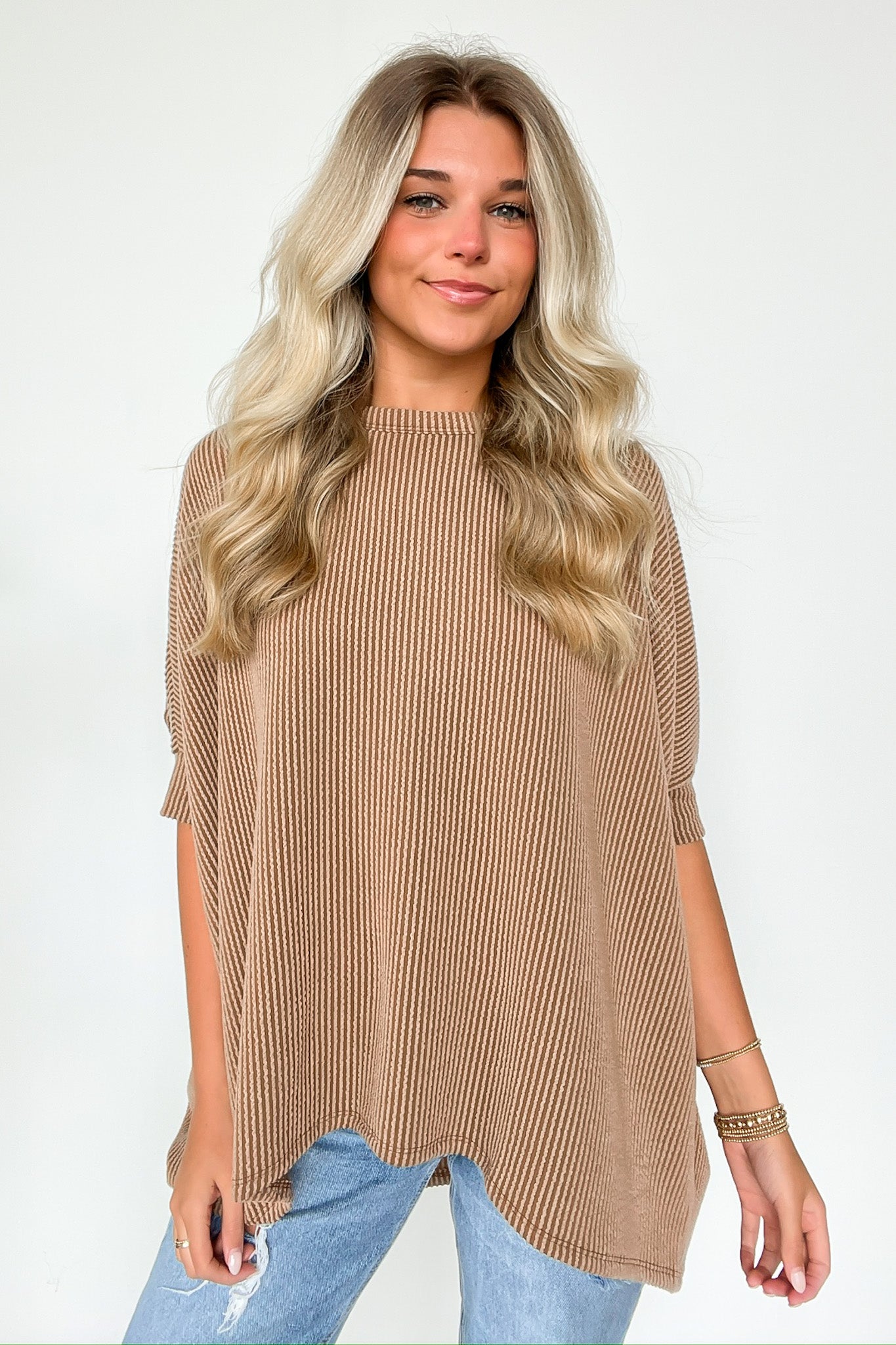 Mocha / S Meyers Rib Knit Relaxed Tunic Top - BACK IN STOCK - Madison and Mallory