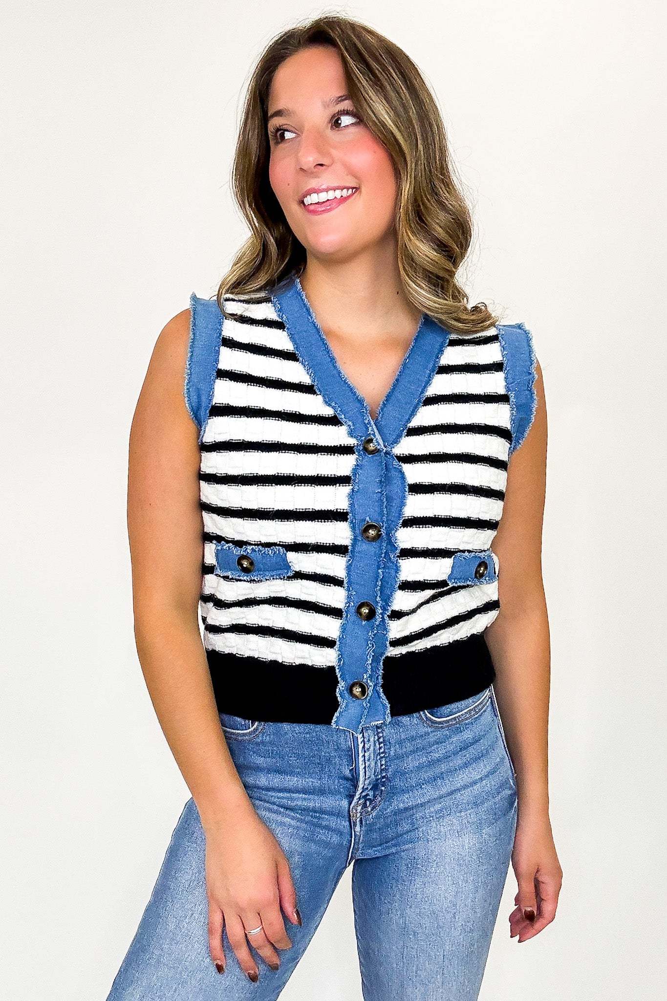 Modern Stitch Striped Knit Denim Trim Vest