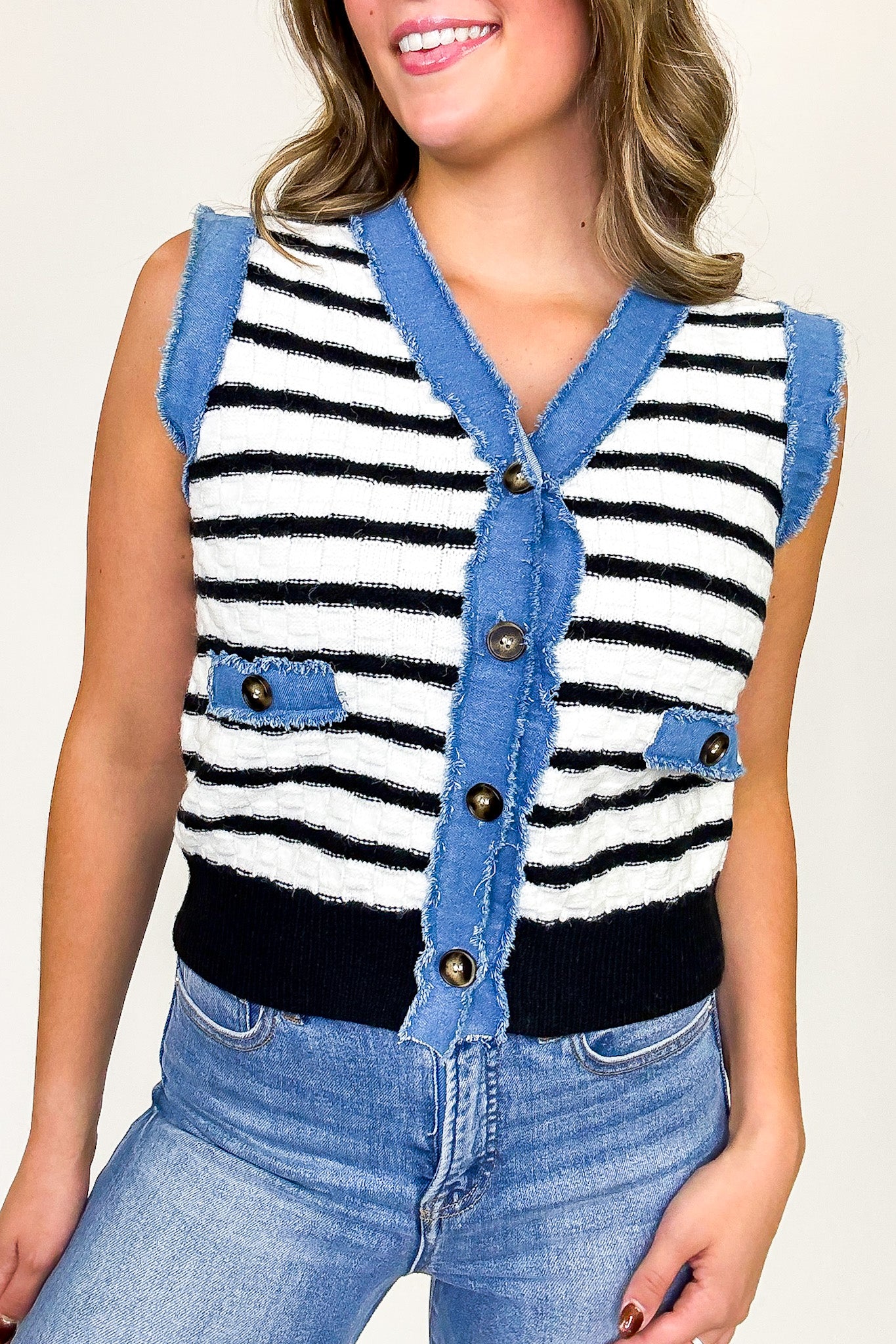 Modern Stitch Striped Knit Denim Trim Vest
