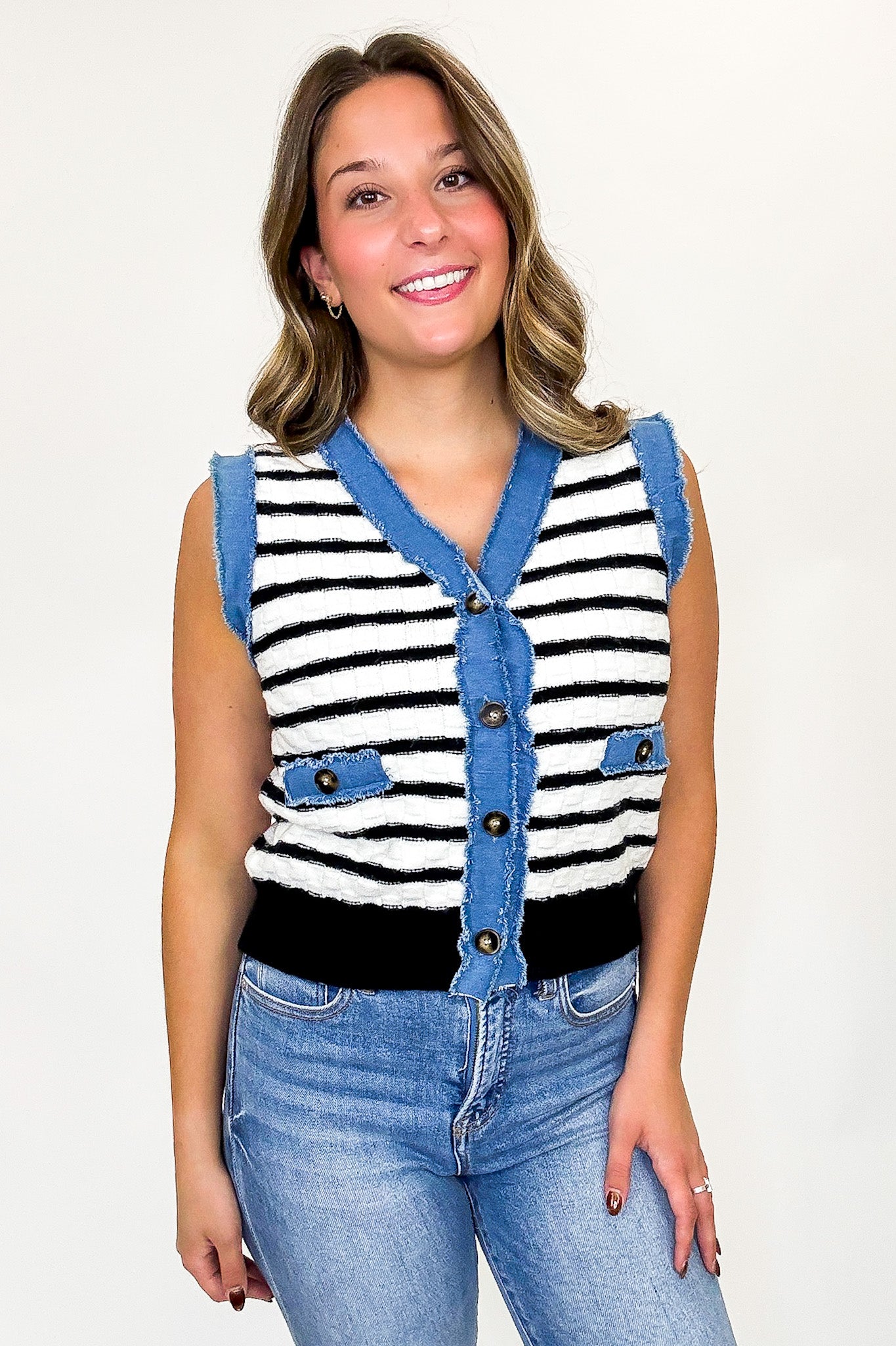 Modern Stitch Striped Knit Denim Trim Vest