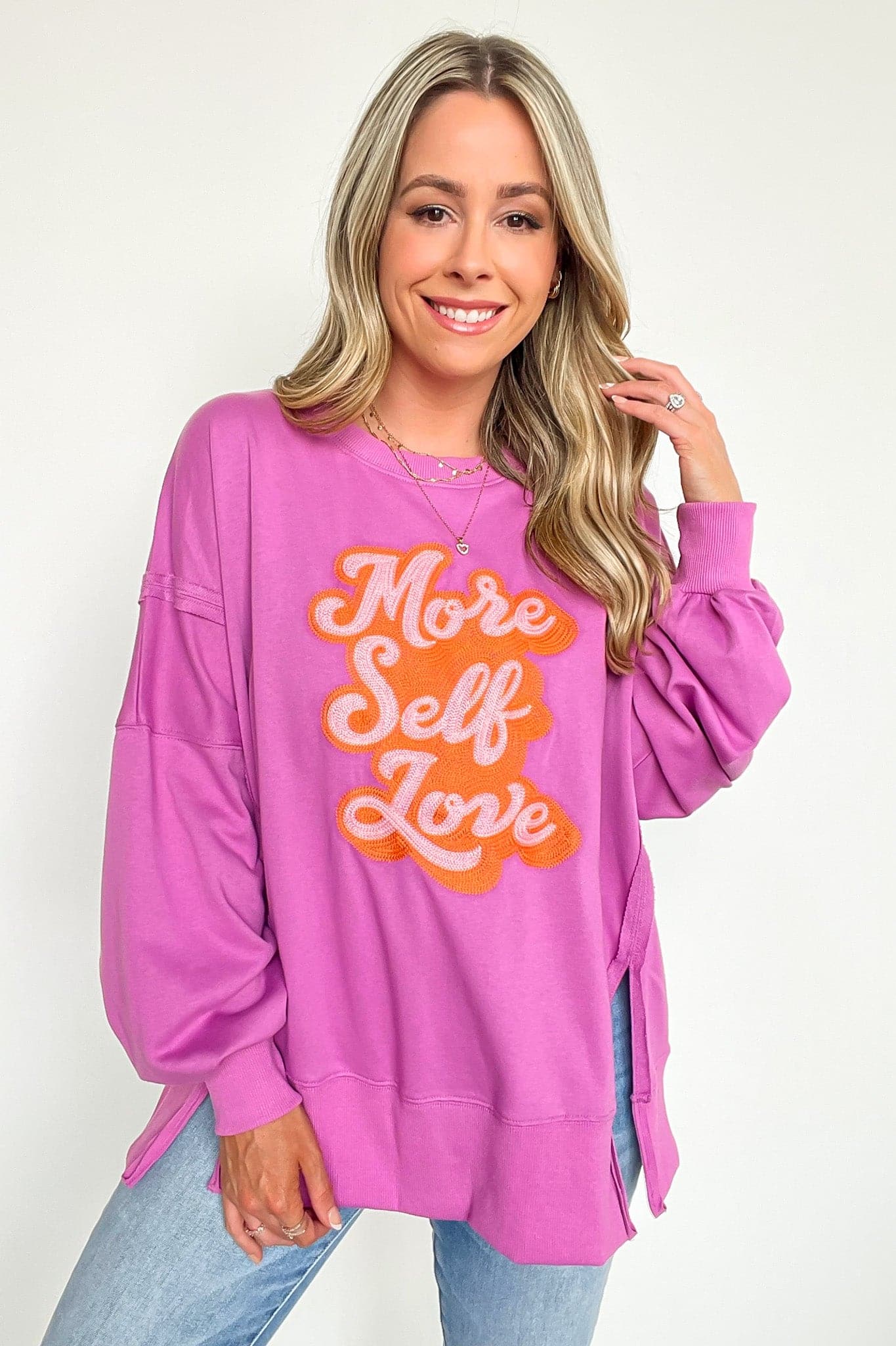 Rose / S More Self Love Oversized Graphic Embroidered Pullover - FINAL SALE - Madison and Mallory
