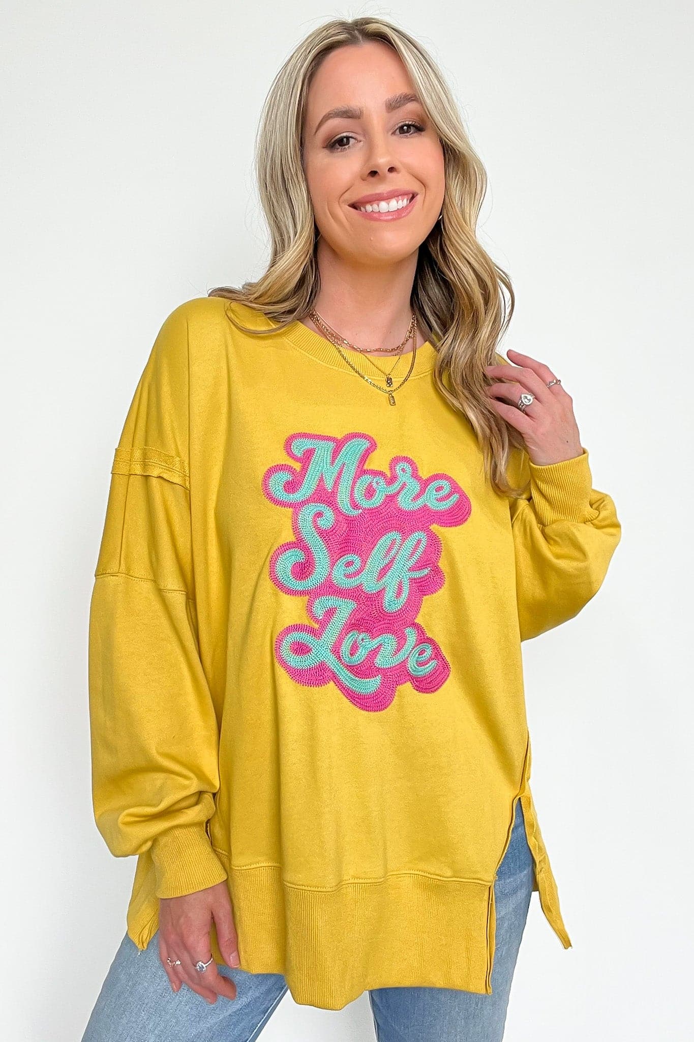 Yellow / S More Self Love Oversized Graphic Embroidered Pullover - FINAL SALE - Madison and Mallory