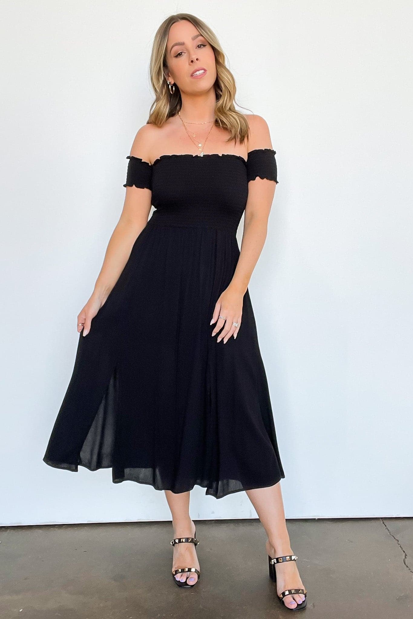Black / S Natashe Off Shoulder Smocked Dress - FINAL SALE - Madison and Mallory