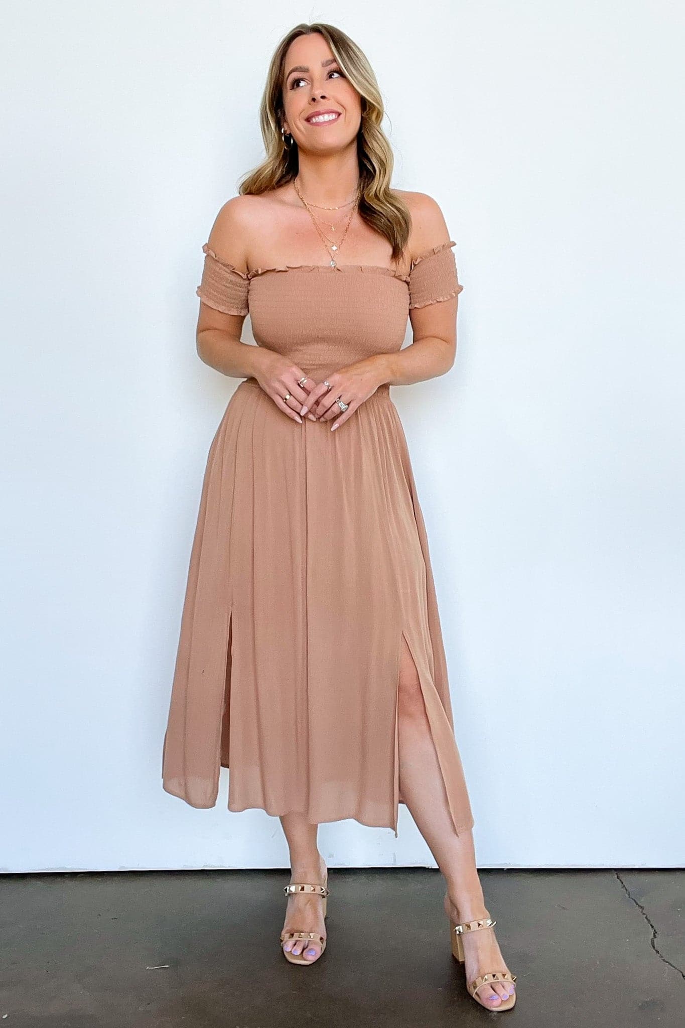 Clay / S Natashe Off Shoulder Smocked Dress - BACK IN STOCK - Madison and Mallory