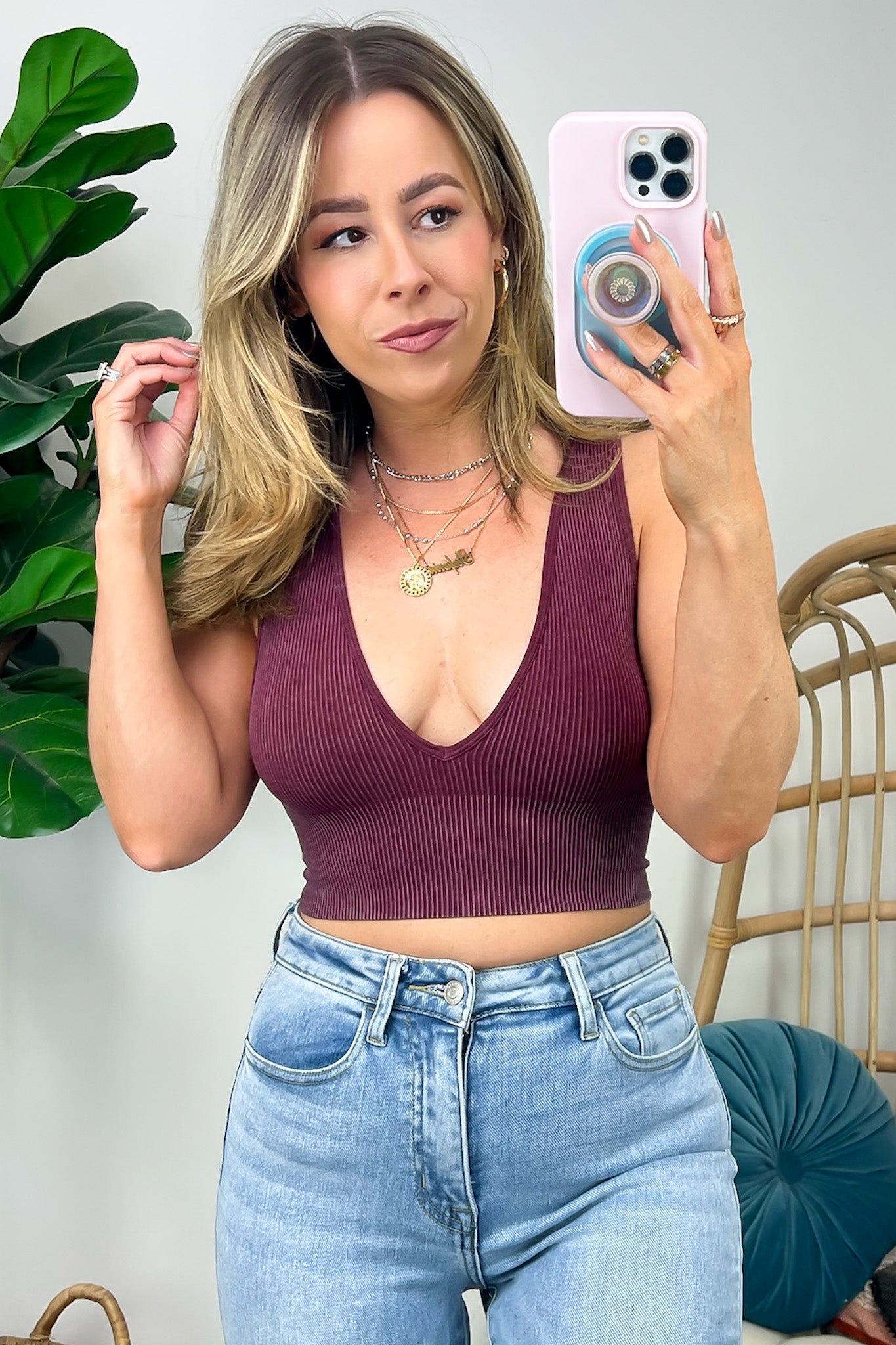 Nayomi Mineral Wash V-Neck Seamless Bra Top - FINAL SALE - Madison and Mallory