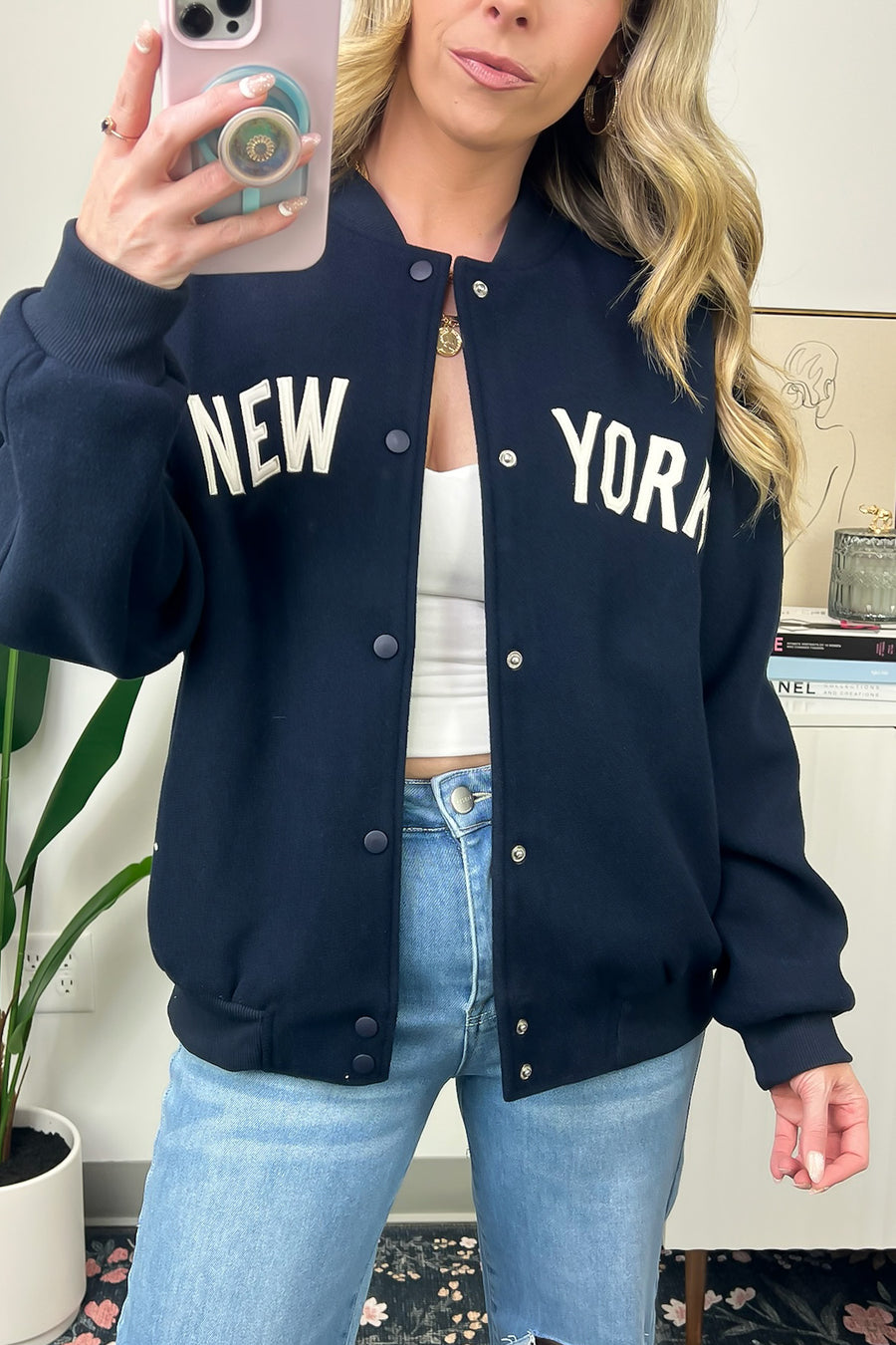 Navy / XS New York Button Up Varsity Jacket - FINAL SALE - Madison and Mallory