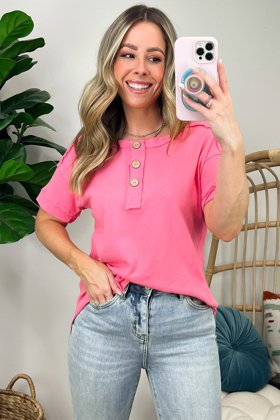 Pink / S Peak Poise Button Accent Reverse Stitch Top - FINAL SALE - Madison and Mallory