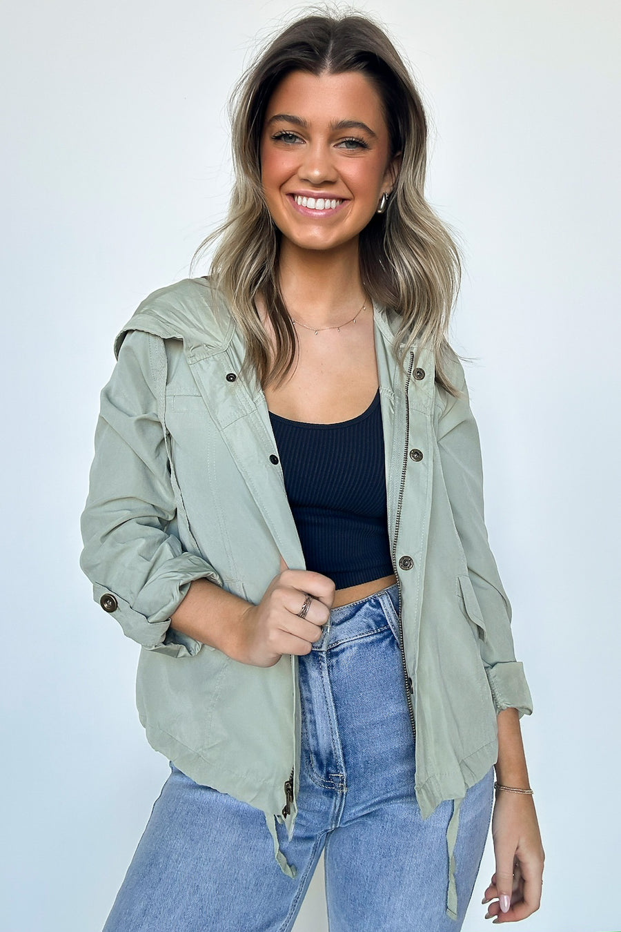 Light Olive / S Perfect Possibility Snap Button Hooded Jacket - Madison and Mallory