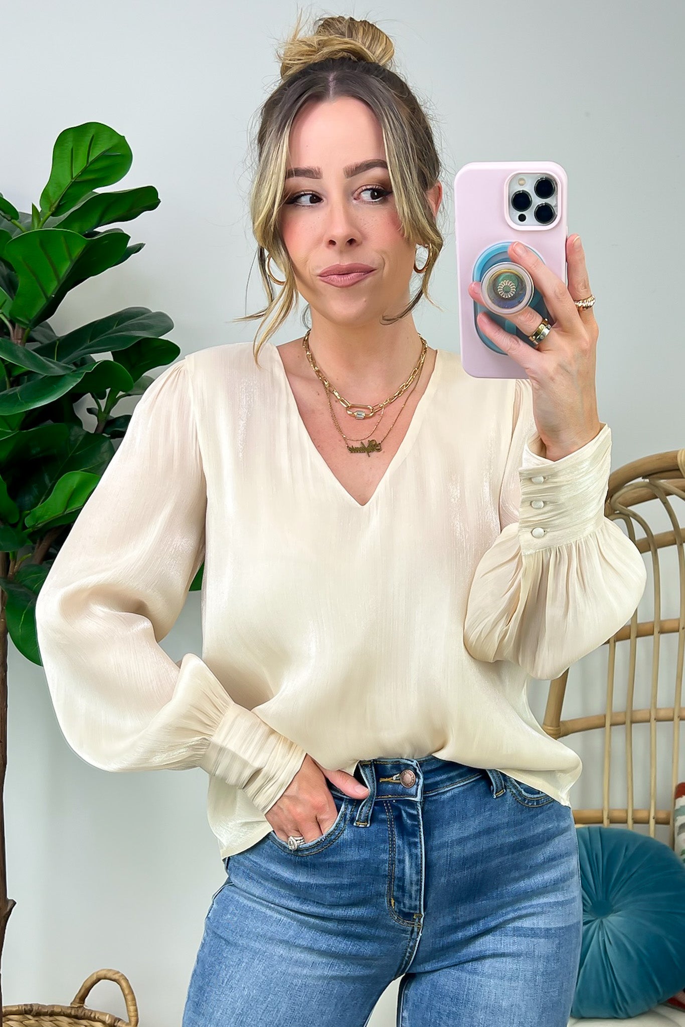 Champagne / S Perfectly Classy V-Neck Woven Top - FINAL SALE - Madison and Mallory