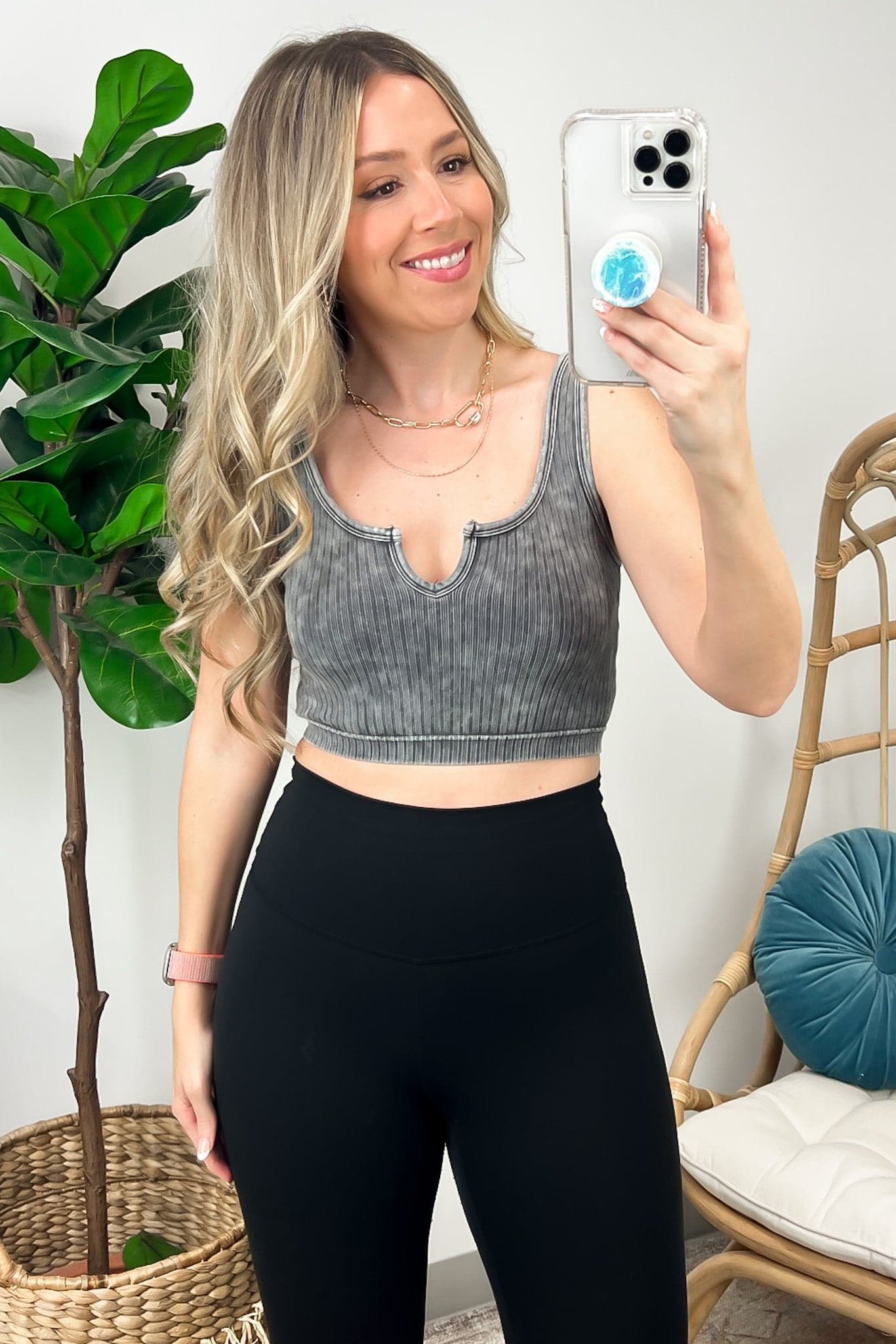 Ash Gray / SM Philomenah Mineral Wash Ribbed Split Neck Crop Tank - FINAL SALE - Madison and Mallory