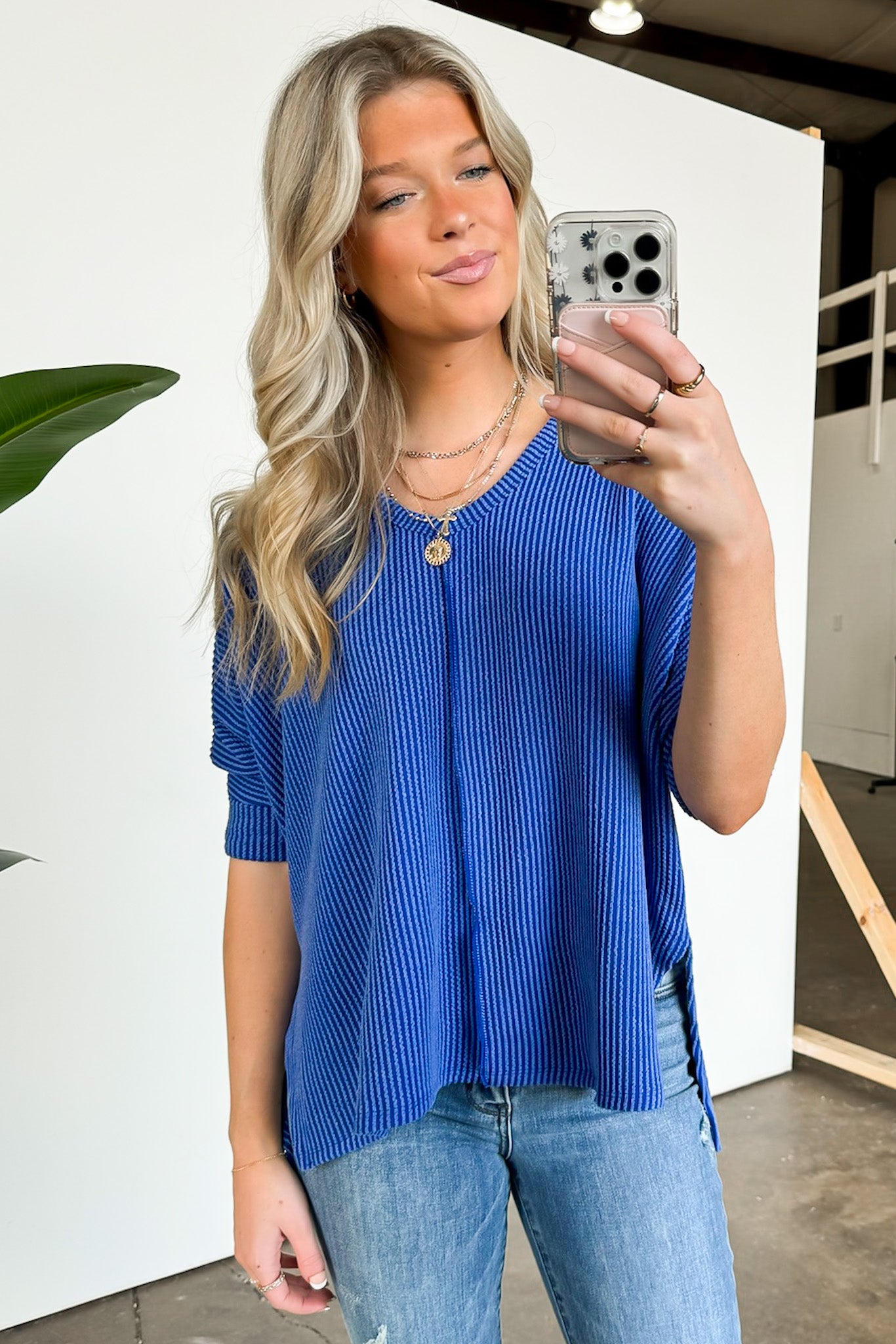 Classic Blue / SM Rhysa Textured Knit V-Neck Top - BACK IN STOCK - Madison and Mallory
