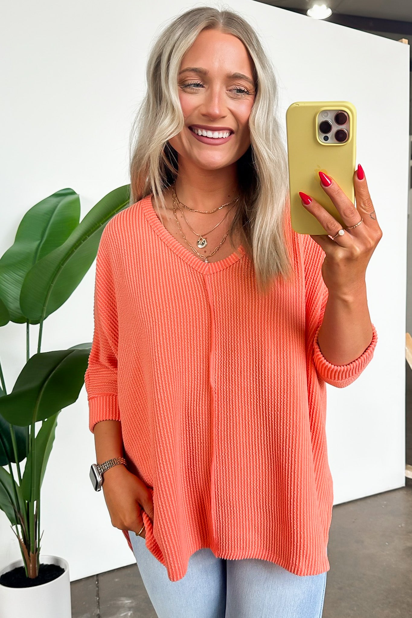 Coral / SM Rhysa Textured Knit V-Neck Top - BACK IN STOCK - Madison and Mallory