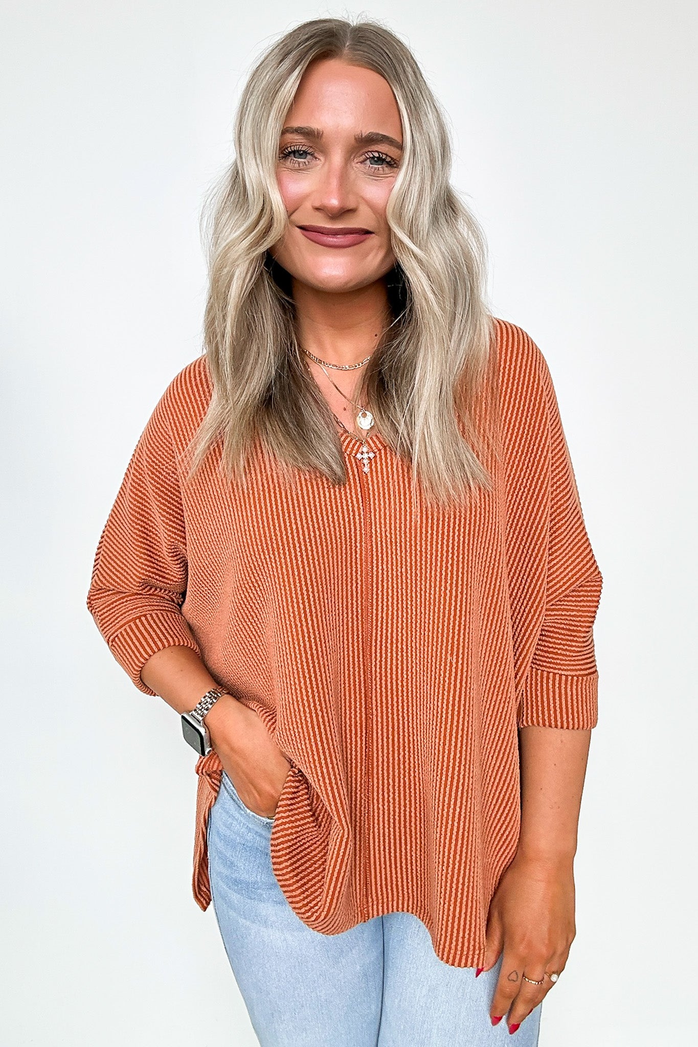 Light Rust / SM Rhysa Textured Knit V-Neck Top - BACK IN STOCK - Madison and Mallory